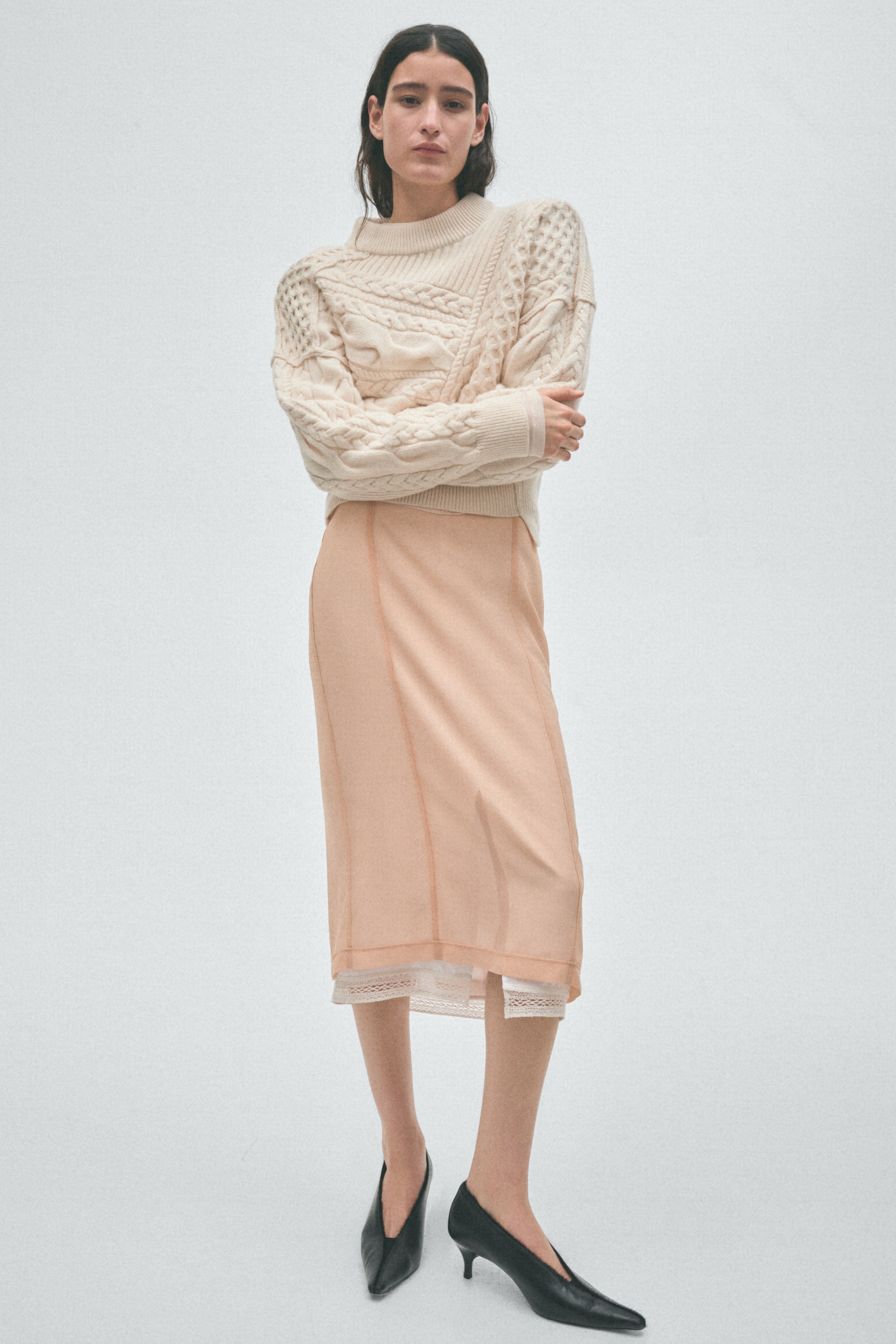 View larger image: Lace-trimmed knee-length skirt - Apricot/White - Ladies | H&M 1