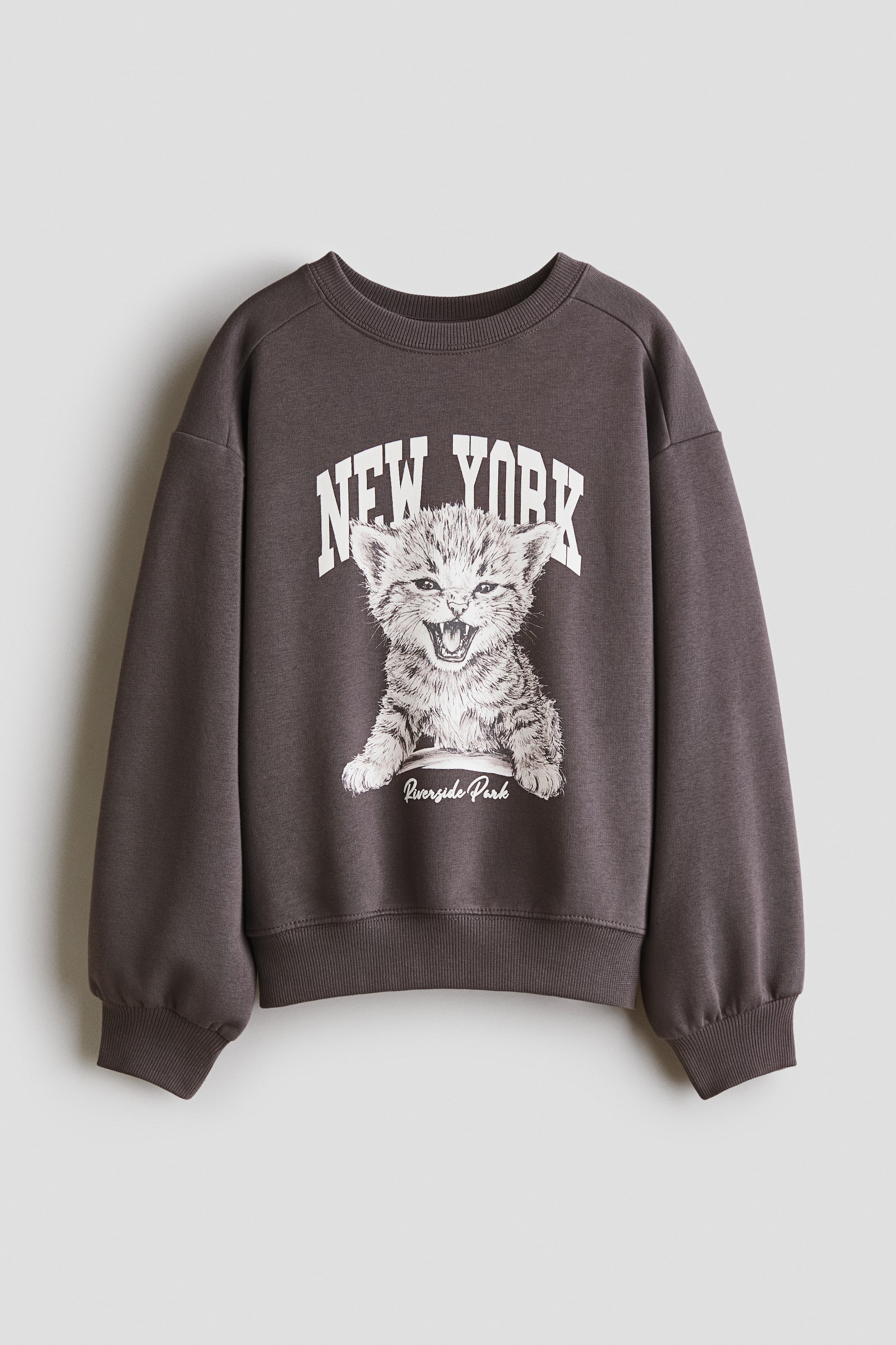 View larger image: A grey sweatshirt featuring a "New York" print and a roaring kitten illustration on the front. This top is made from printed sweatshirt fabric with a soft brushed inside, and features a round, rib-trimmed neckline, dropped shoulders, forward-facing shoulder seams, long sleeves with ribbed cuffs, and a ribbed hem.