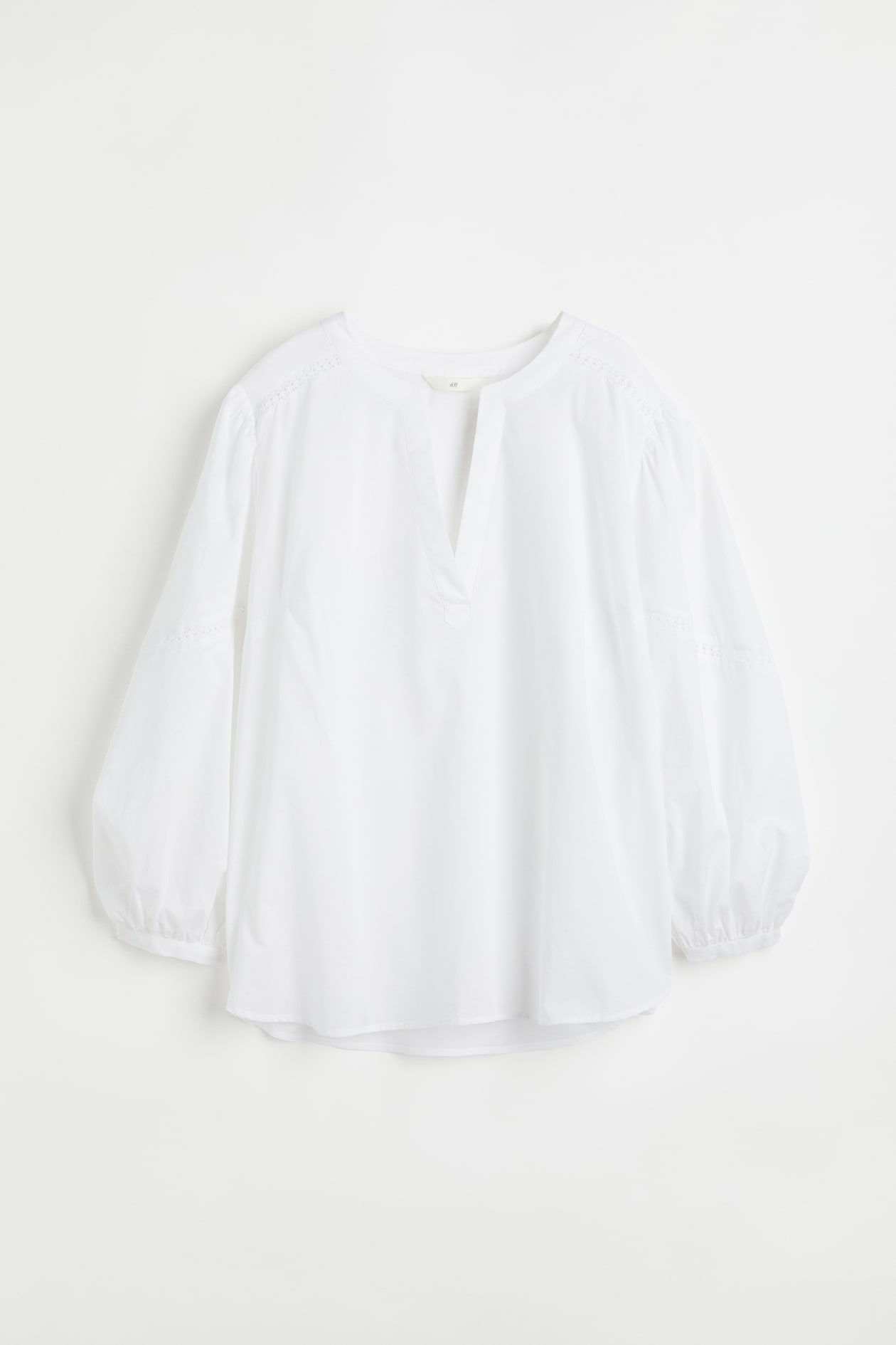 Cotton Balloon-sleeved Blouse - V-neck - Long sleeve - White - Ladies ...