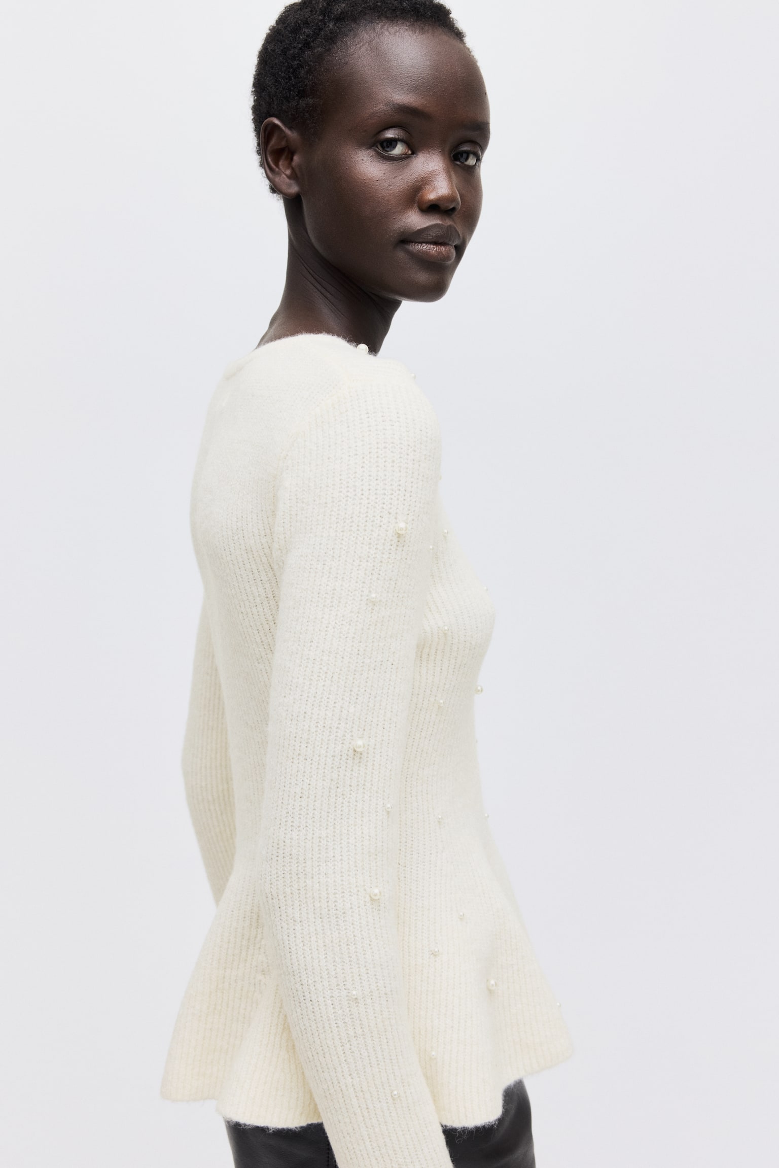 חולצת פפלום מעוטרת בחרוזים - קרם/בורדו/אפור מלאנז' - 5