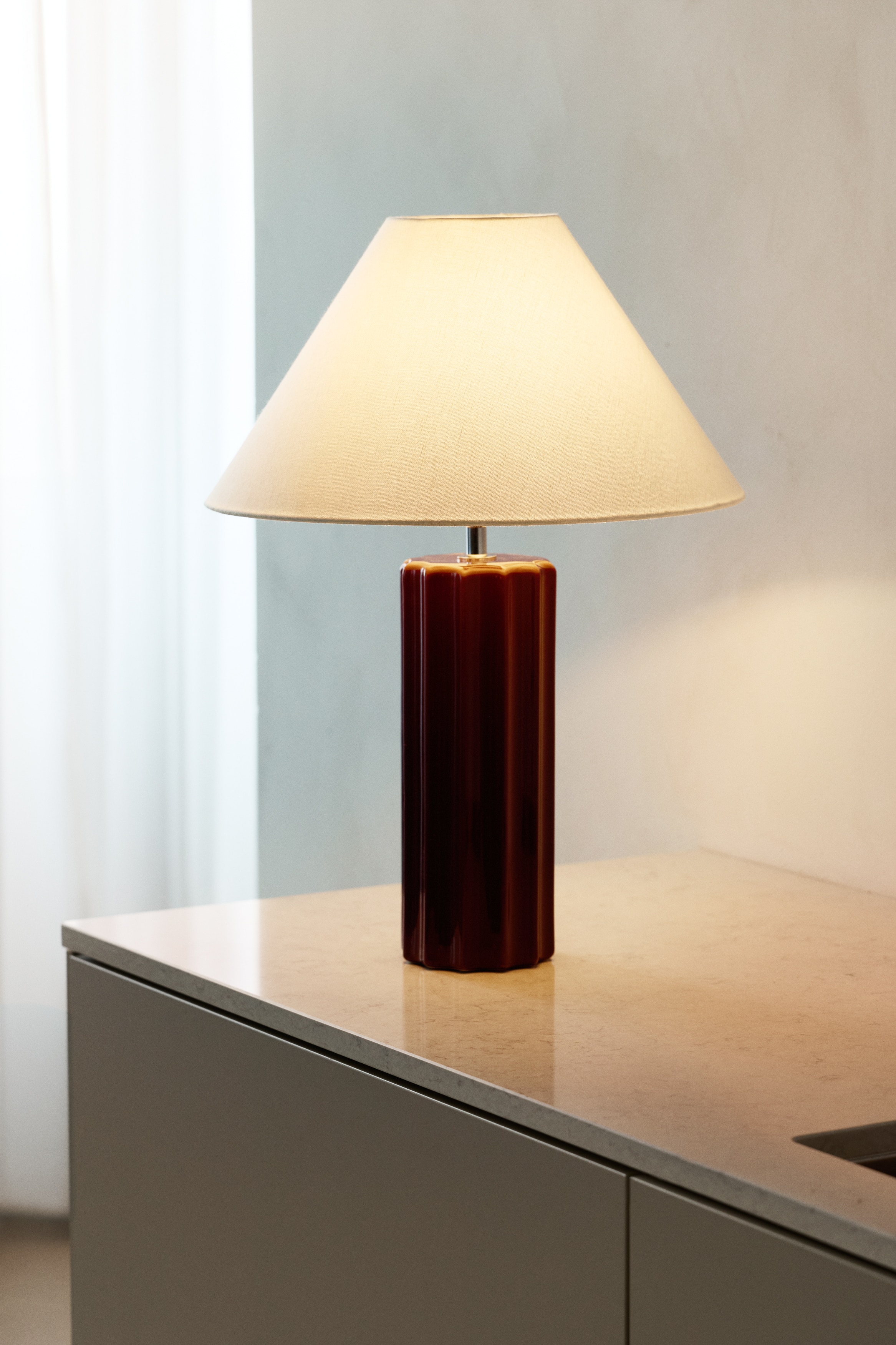 Fluted Stoneware Lamp Base - Burgundy/White/Beige