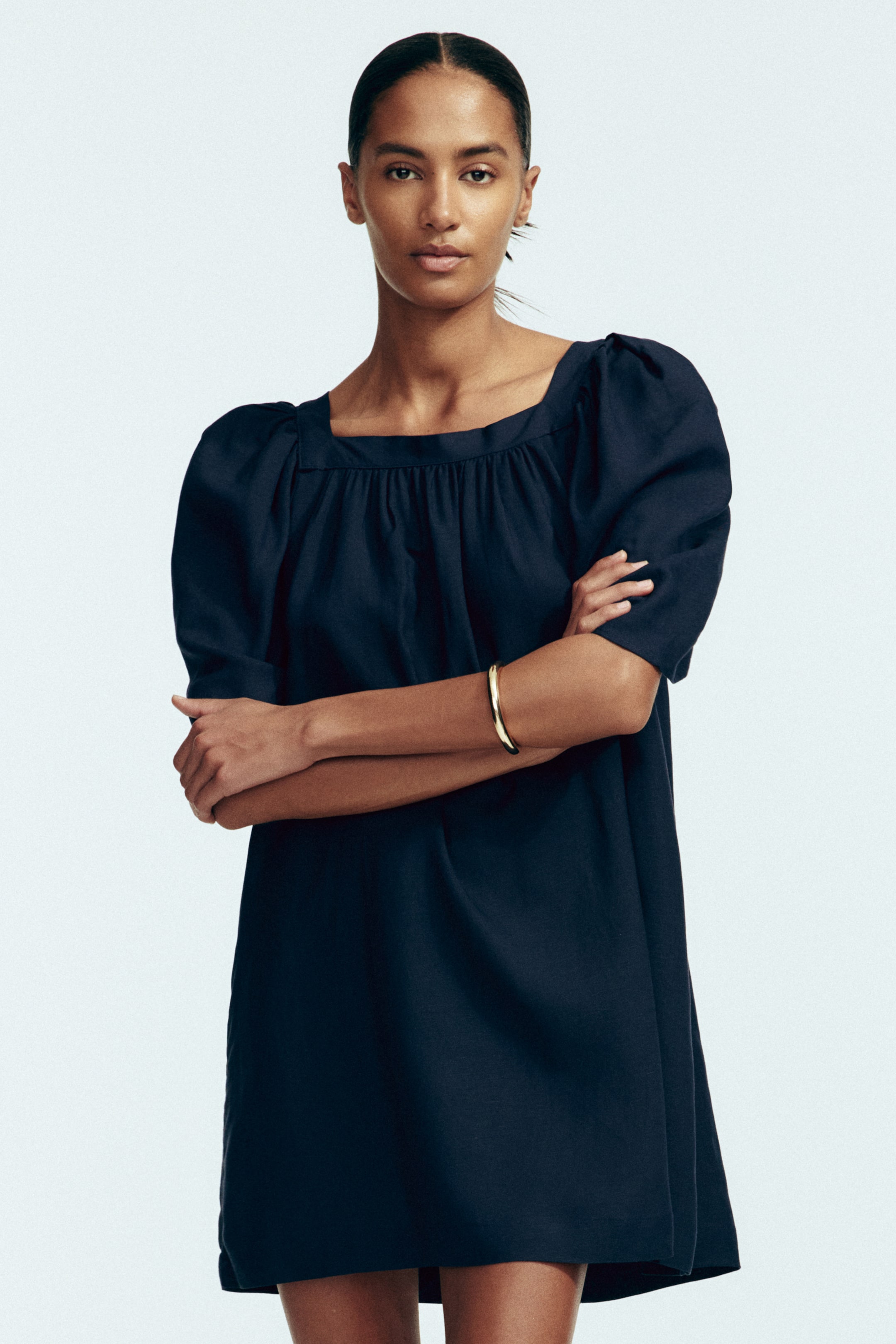 View larger image: Linen-blend dress - Navy blue - Ladies | H&M SG 1