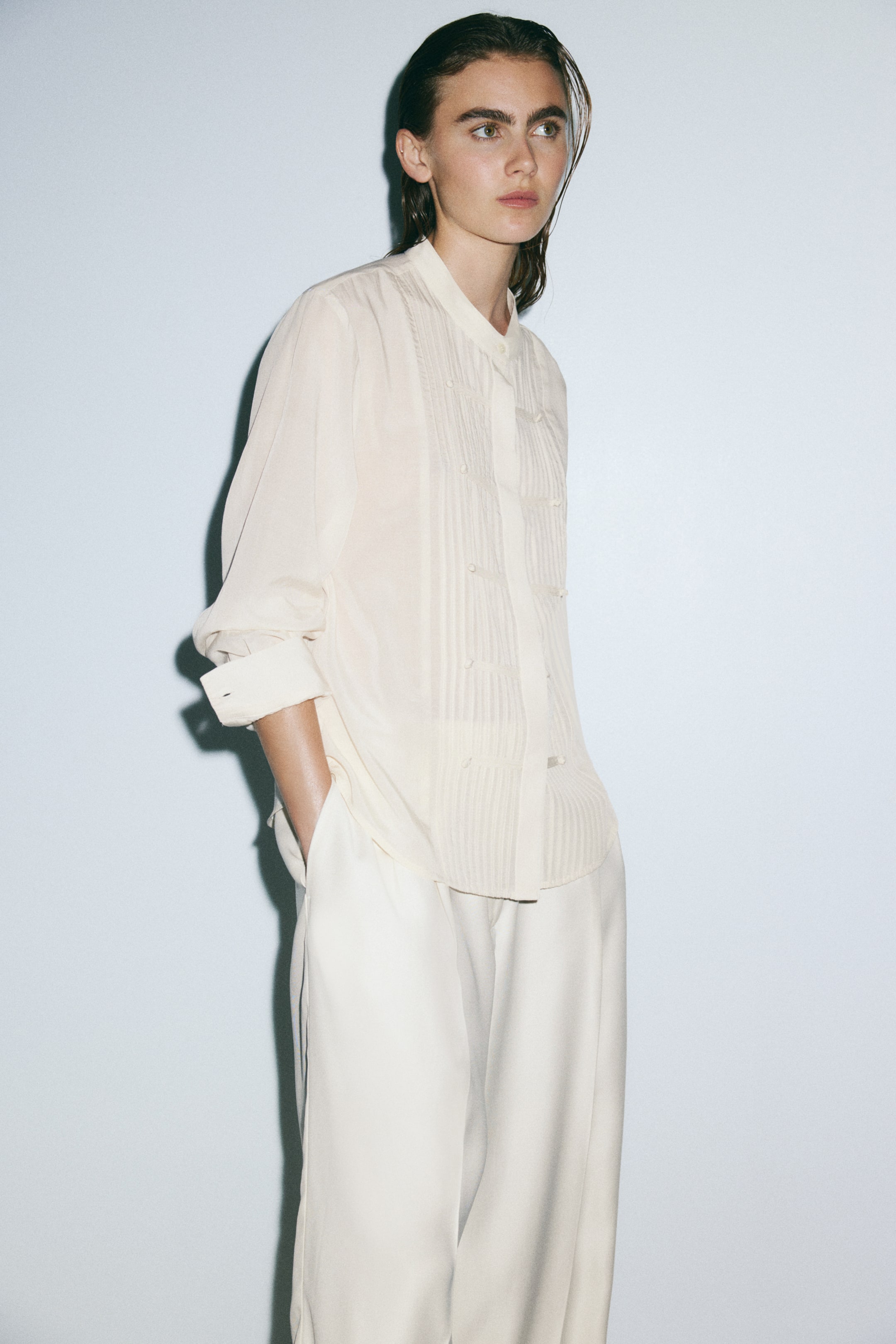 Button-Front Pintuck Blouse