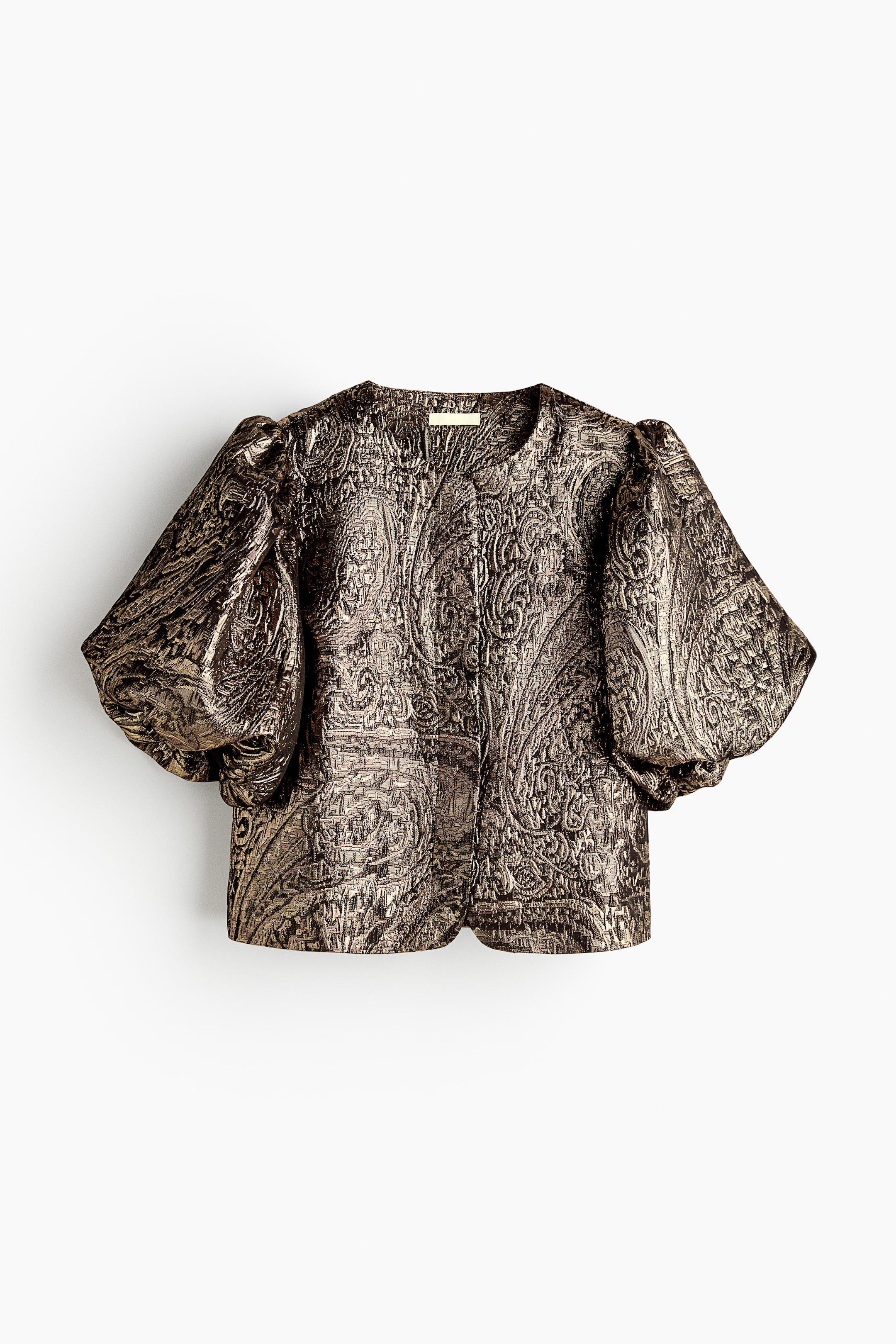 Zobacz większy obraz: Krótka bluzka, wykonana z solidnej, metalicznej złotej i ciemnej wzorzystej tkaniny, jest prezentowana od PRZODU. Ma okrągły dekolt i krótkie, obszerne rękawy balonowe.