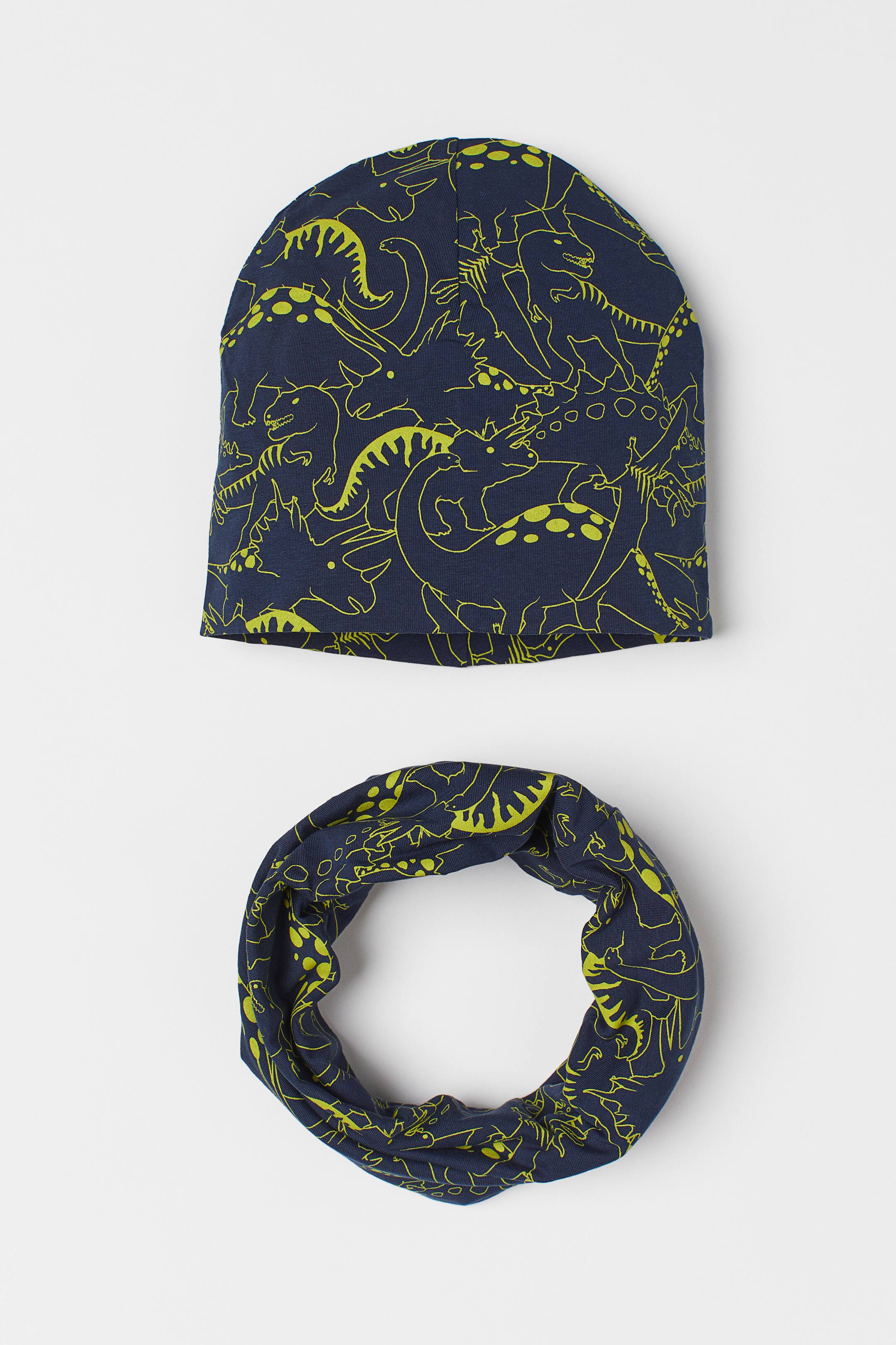 Hat and tube scarf Dark blue/Dinosaurs Kids H&M