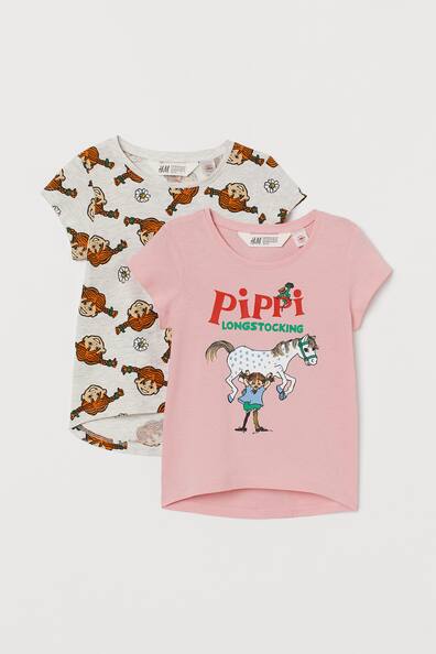 2-pack Printed T-shirts - Round Neck - Short sleeve - Pink/Pippi 