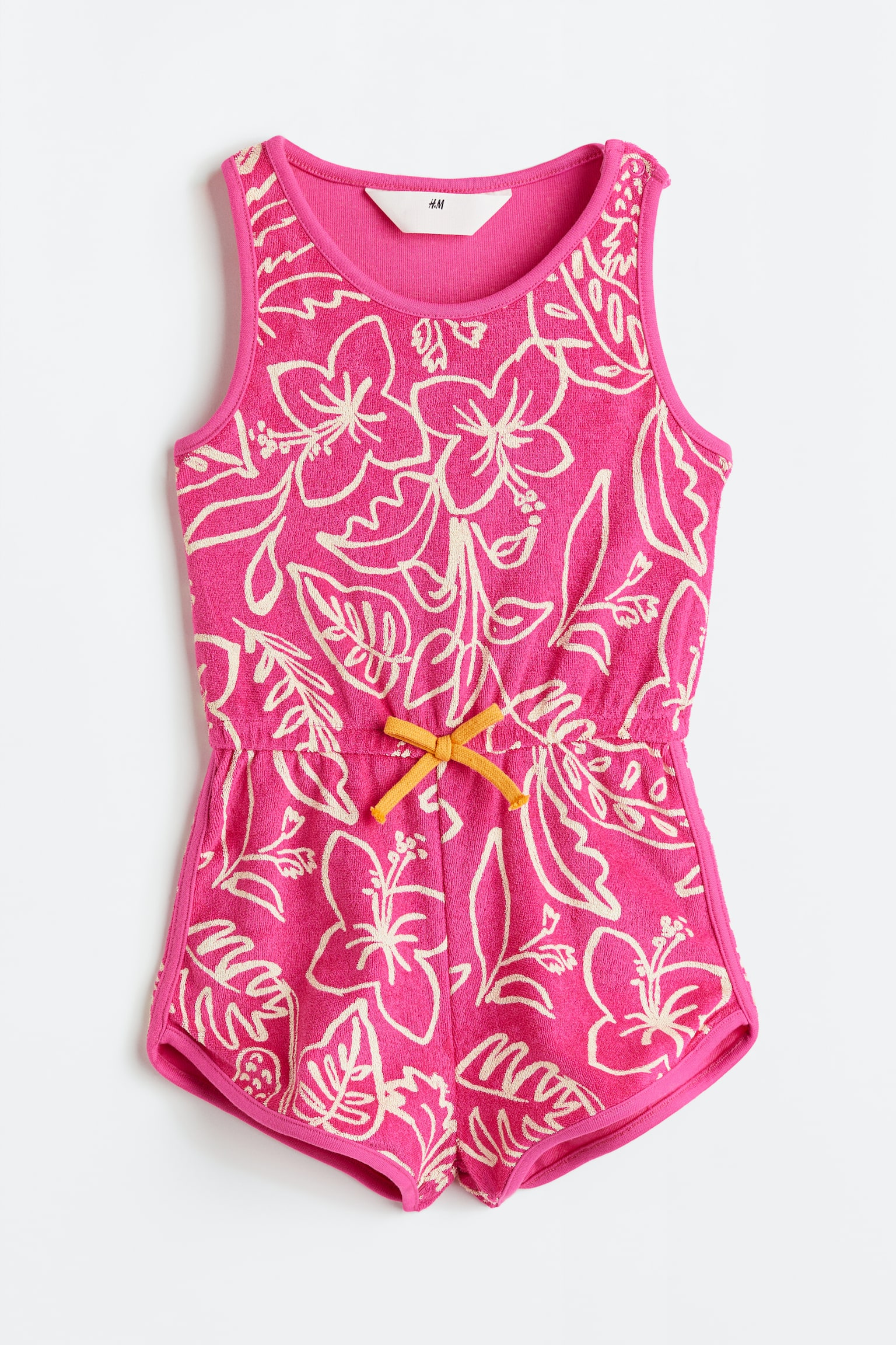 Patterned terry playsuit - Bright pink/Leaves - 1