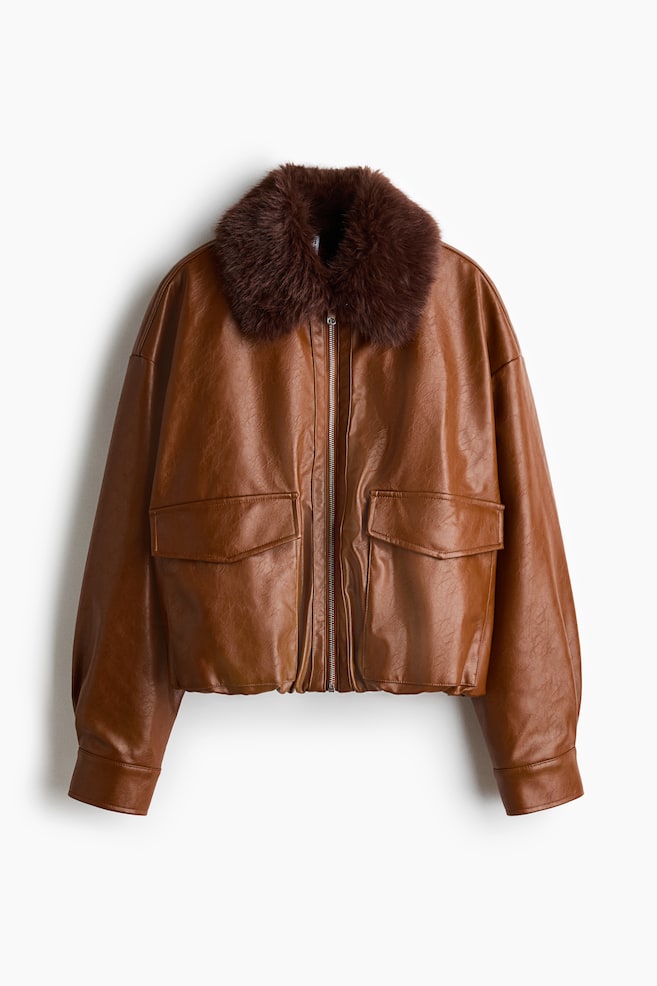 Jacket with Fluffy Collar - Brown/Black/brown - 1