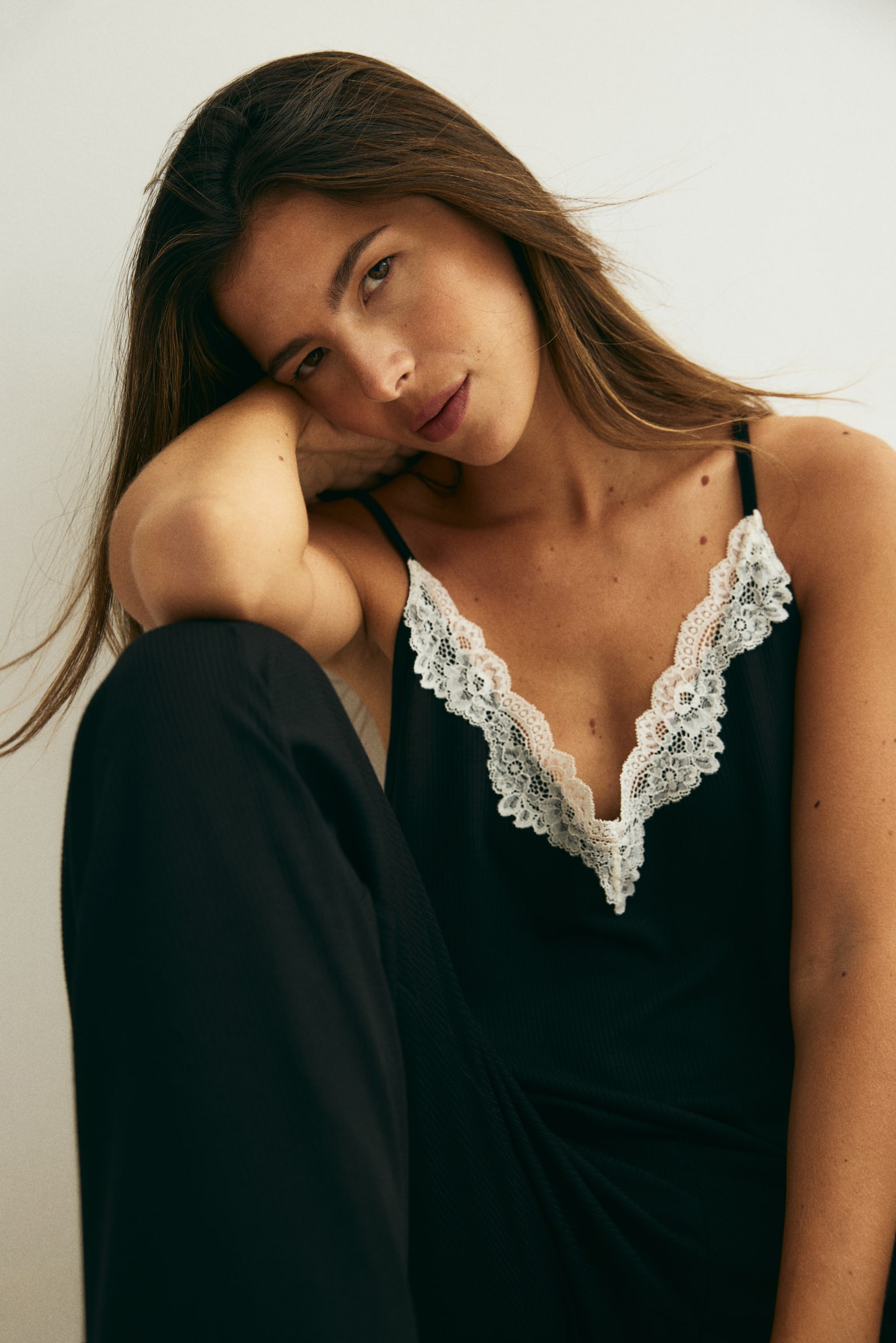 Pyjama côtelé avec dentelle - Noir/Marron foncé - 5