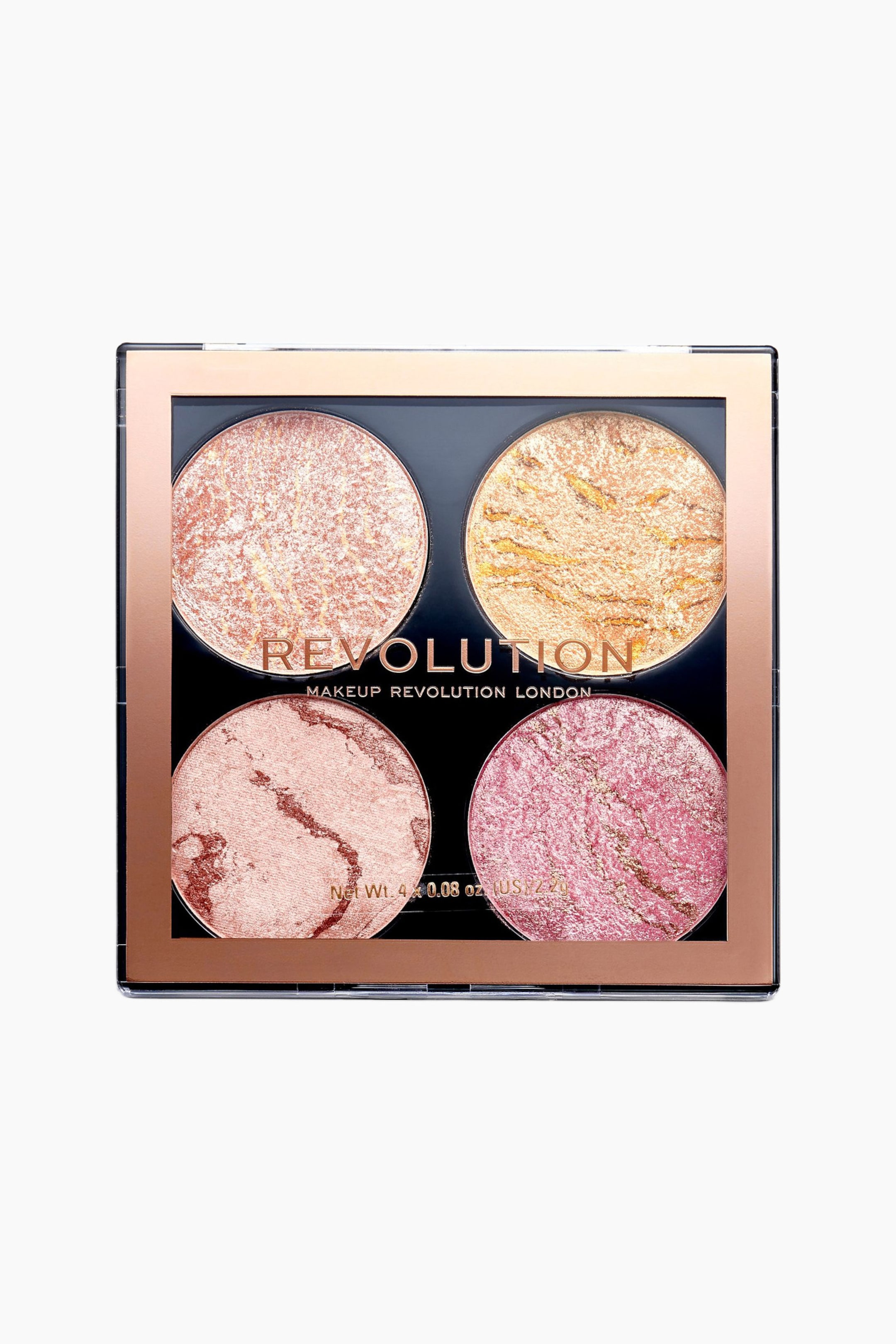 Visa större bild: En fyrkantig makeup-palett är vänd framåt och visar fyra runda pans med marmorerat, skimrande puder i nyanser av roséguld, brons, ljusrosa och djupt rosa. Det genomskinliga plastlocket har en metallisk roséguldskant med varumärkets text tryckt över mitten.