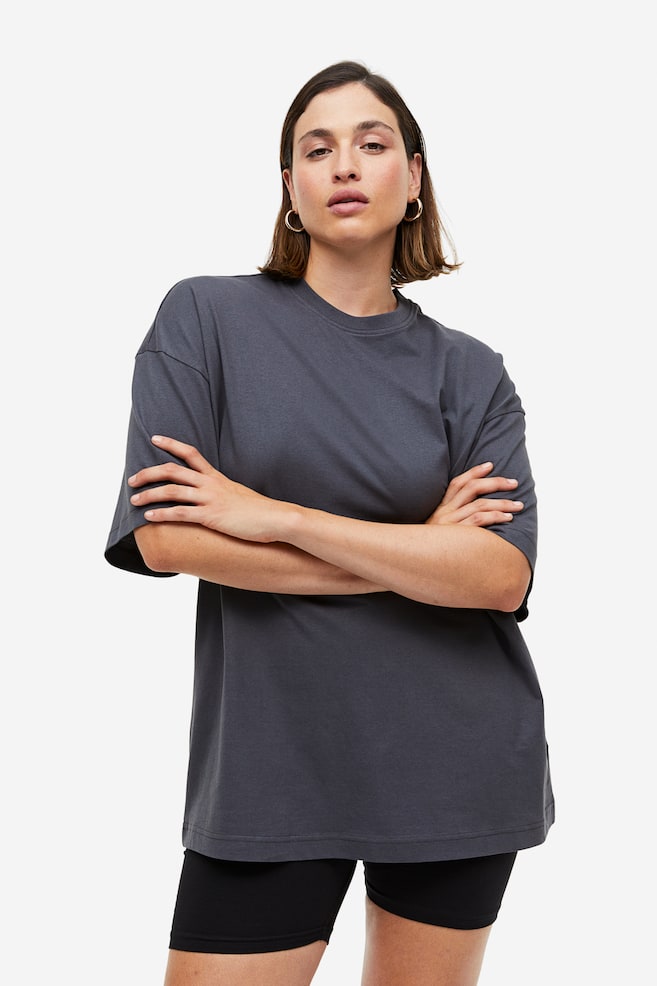 Oversized T-shirt - Mørkegrå/Hvid/Sort/Blommelilla - 1