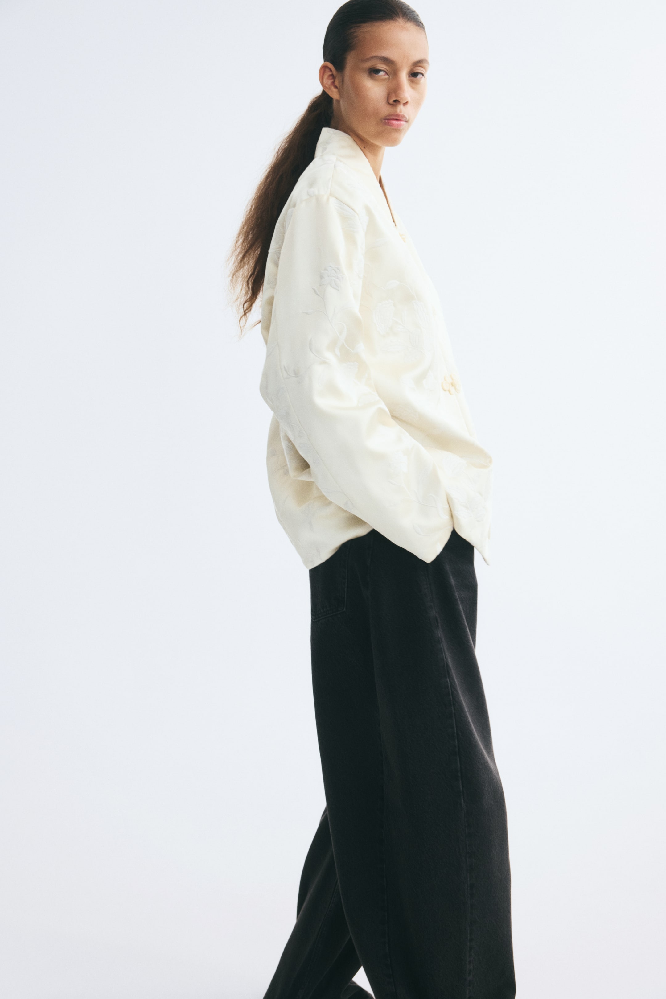 Embroidered Knot-Button Jacket