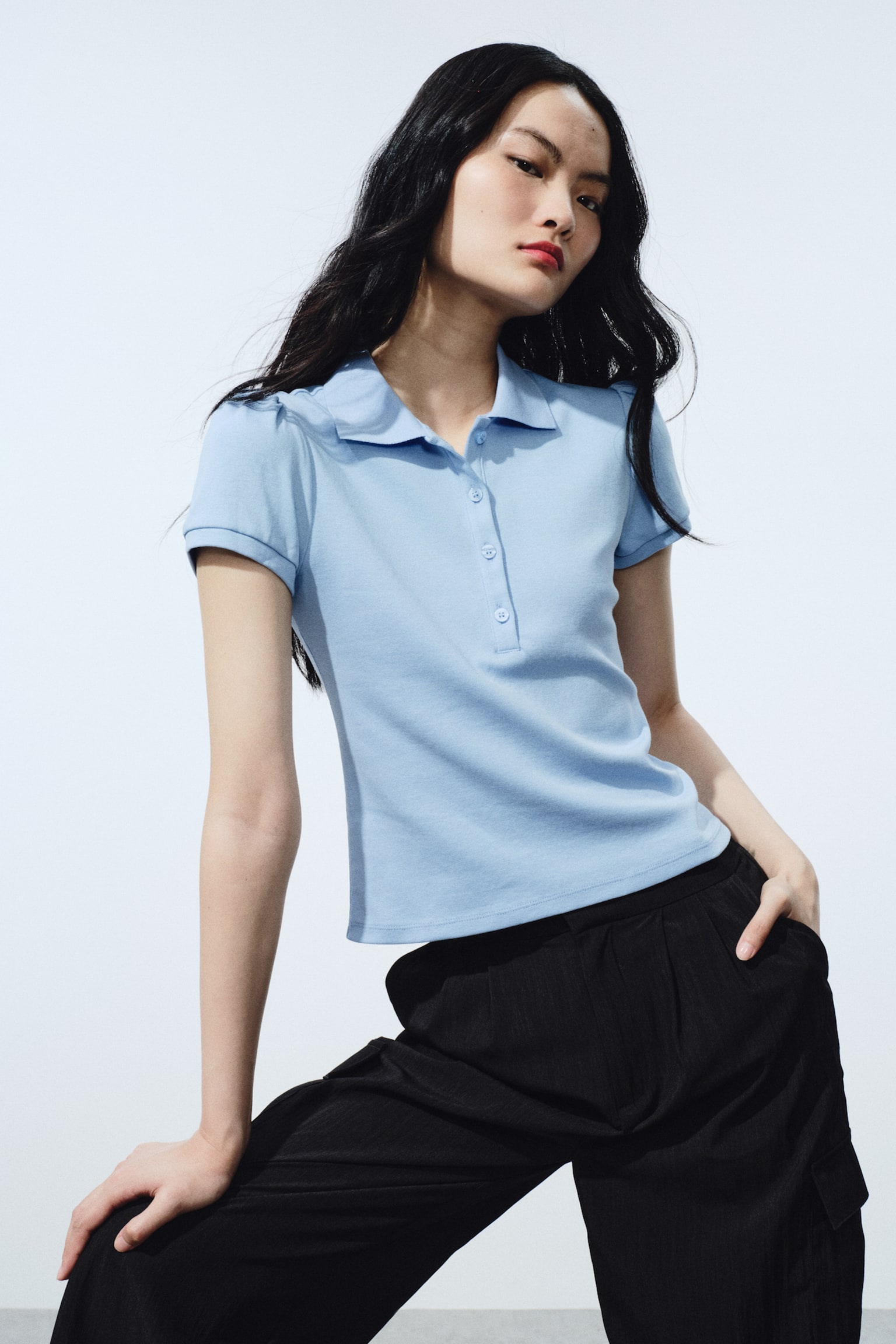 Puff-sleeved polo shirt - Light blue/Light beige/Light grey marl - 4