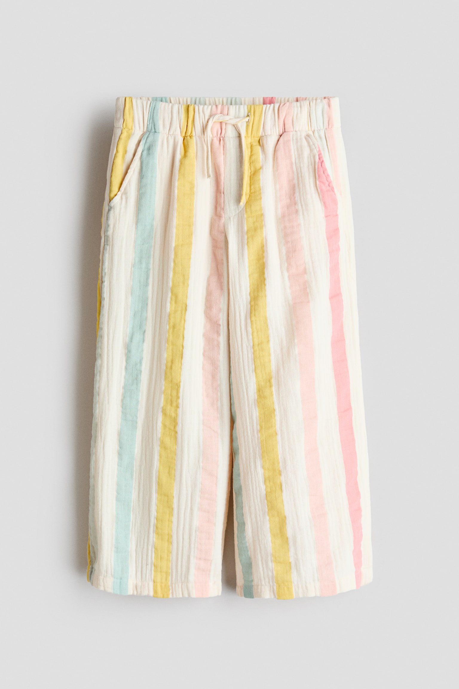 Cotton muslin drawstring trousers - Light beige/Striped/Light pink