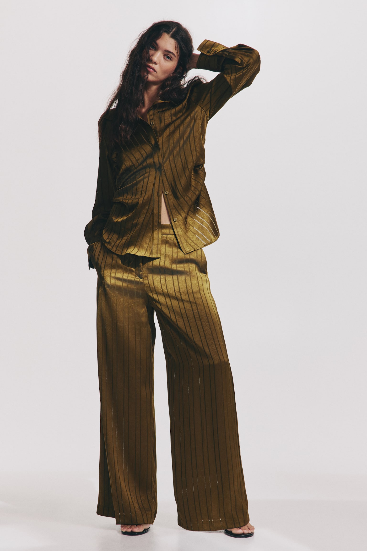 Draped shirt - Golden olive/Dark brown/Cream - 6