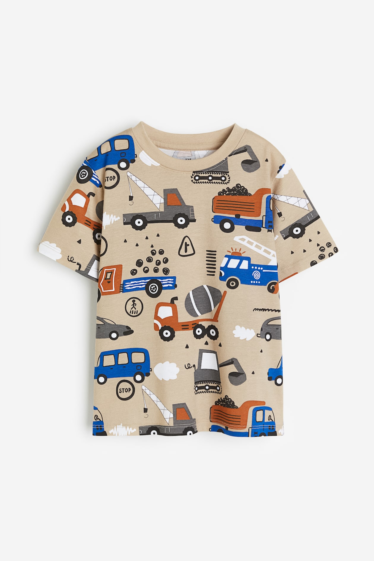 TShirt mit Print Rundausschnitt Kurzarm Beige/Fahrzeuge Kids