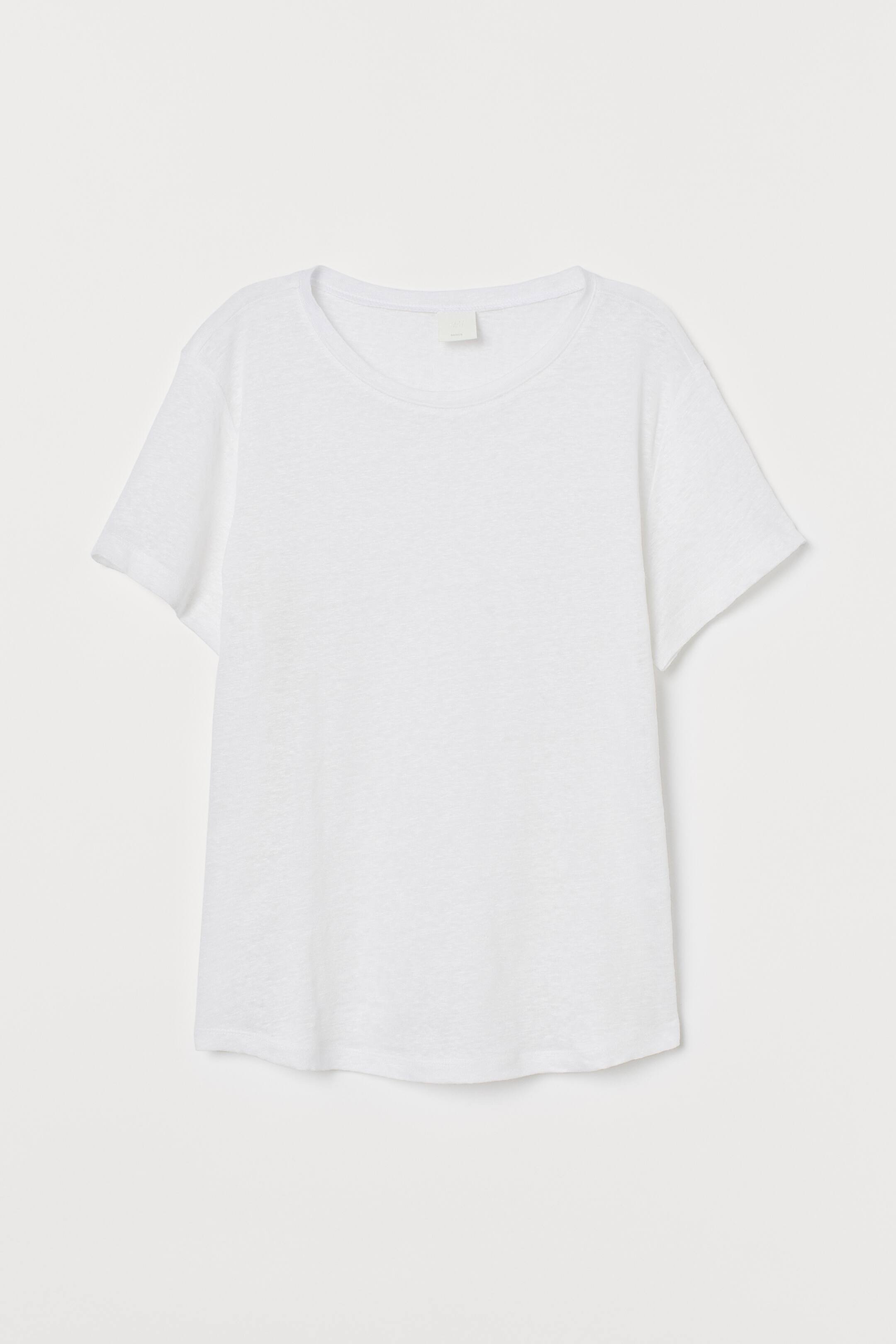 Linen jersey T-shirt - Round neck - Short sleeve - White - Ladies | H&M GB