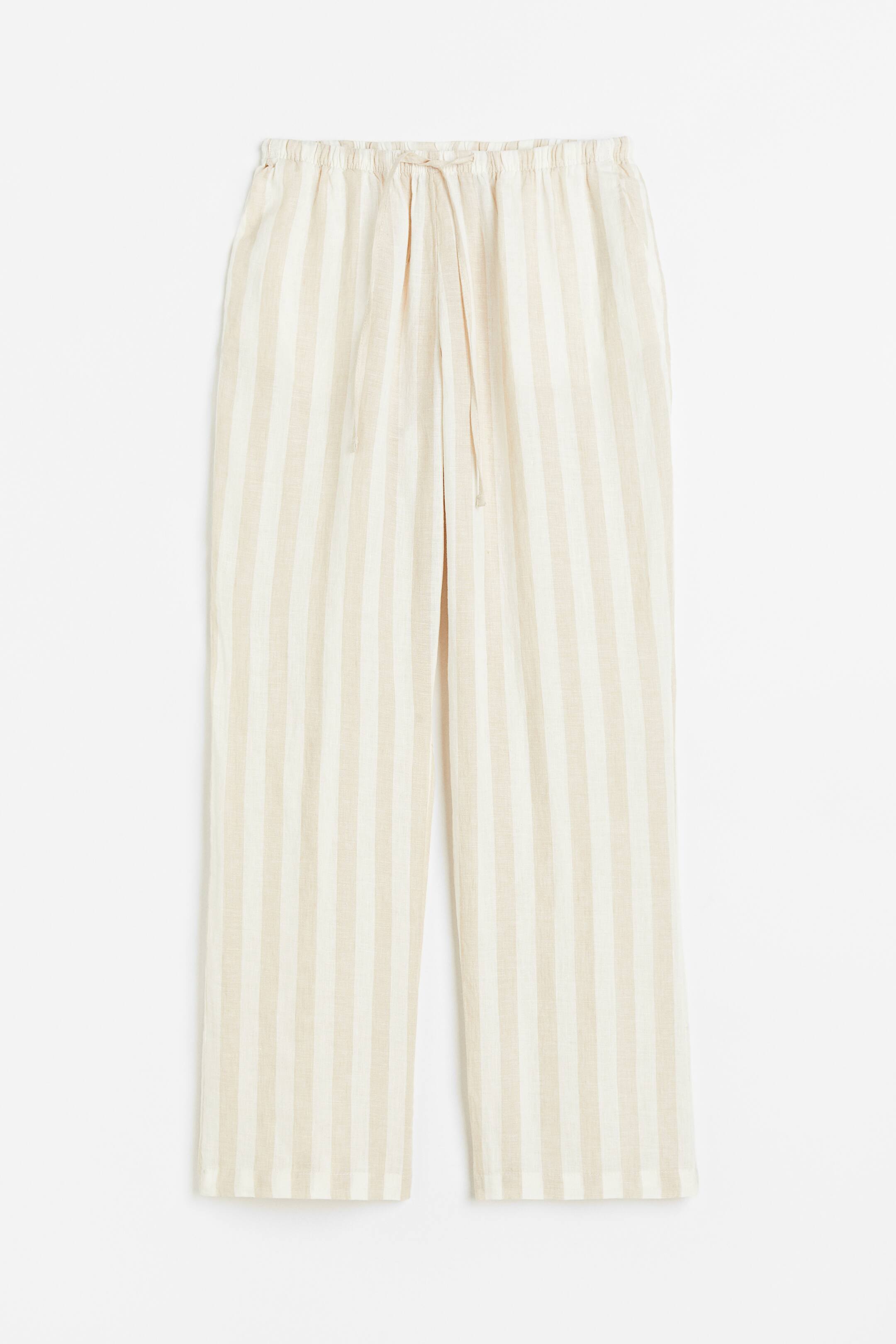 查看大圖: 亞麻混紡寬管褲 - 淺米色/條紋 - Ladies | H&M 1