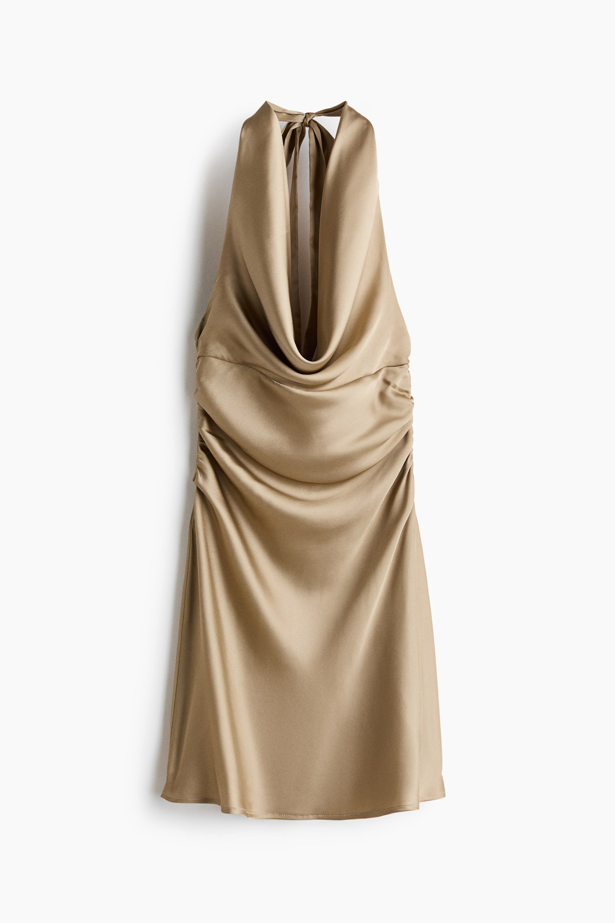 View larger image: Halterneck satin dress in a light gold colour is displaying its front view, featuring a draped cowl neckline, ruched detailing along the sides, and halterneck straps tying at the back of the neck.