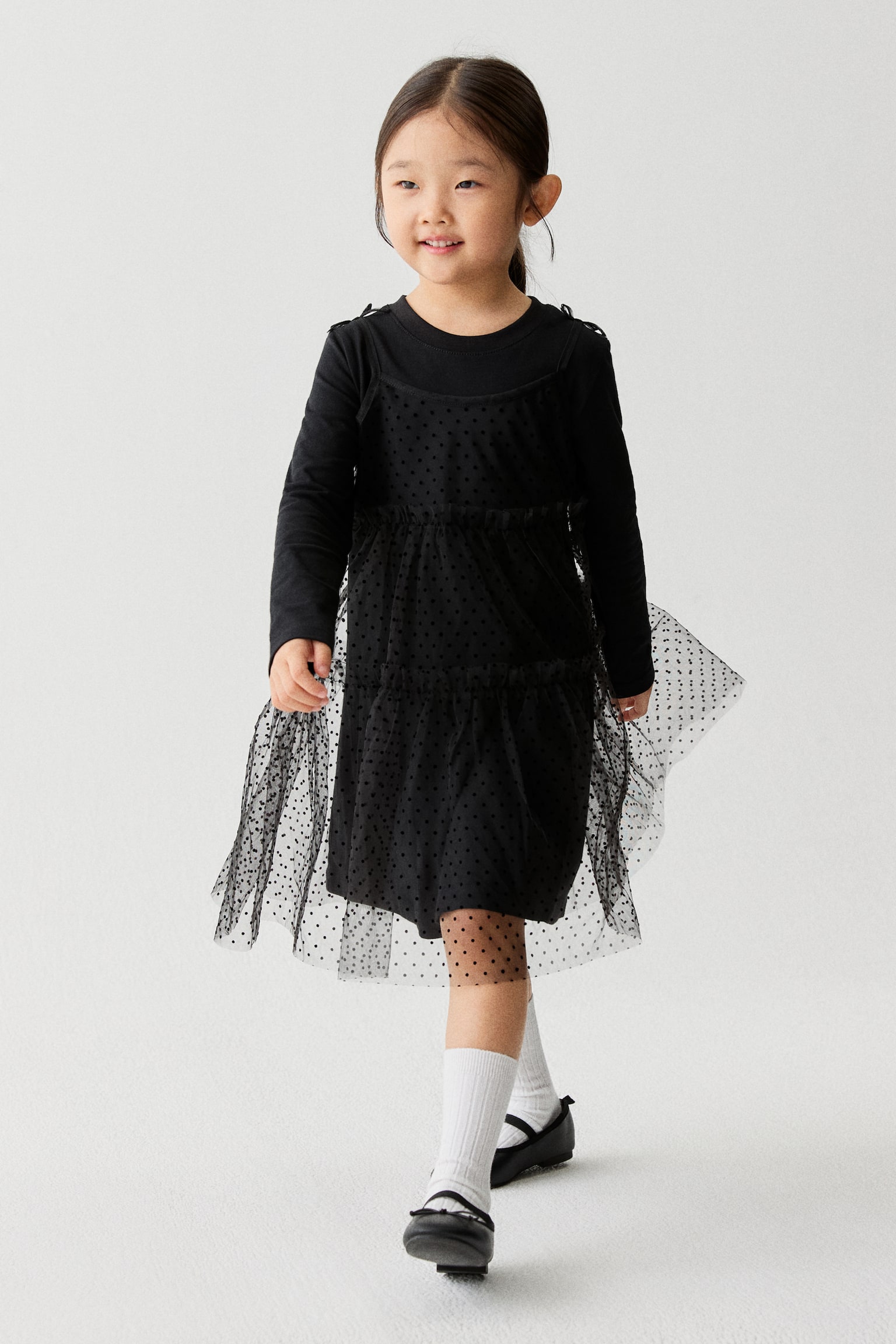 長袖チュールワンピース - ブラック/ホワイト - 2
