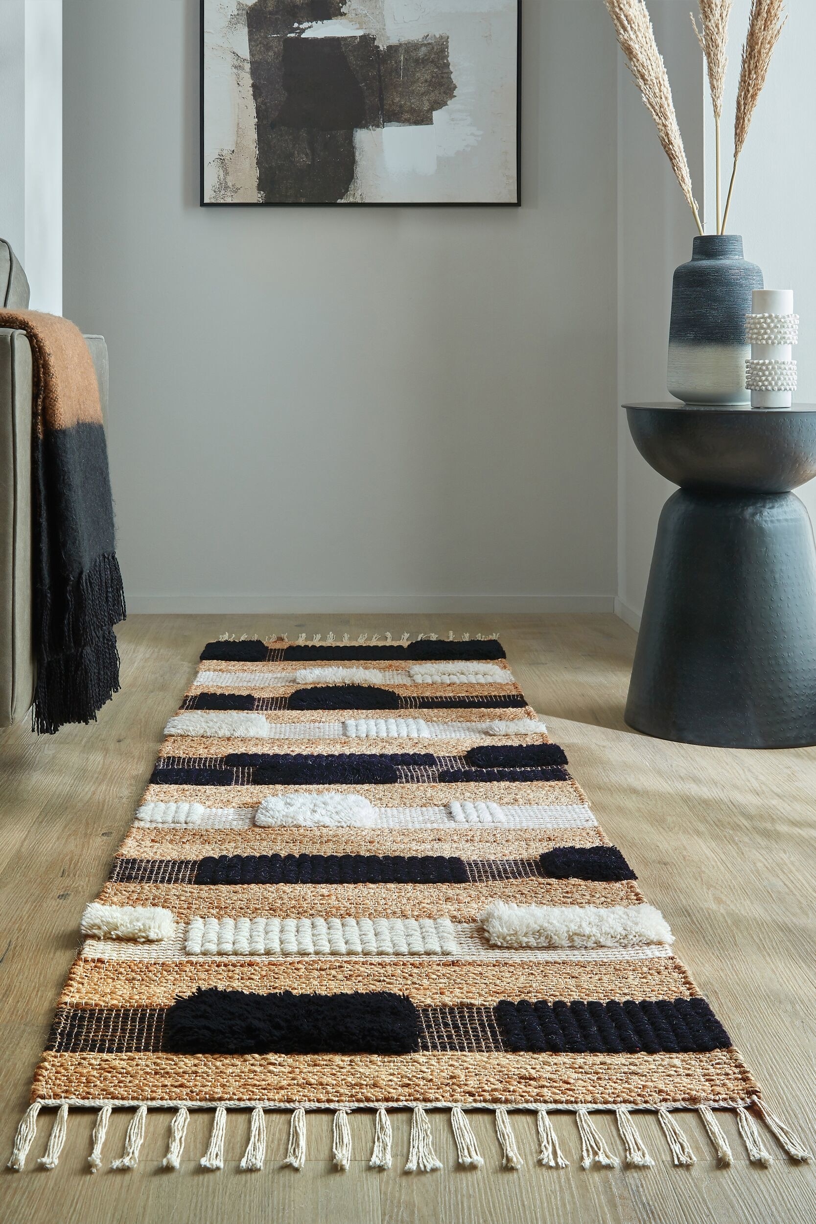 Medina Blocks Jute Blend Runner Rug - Natural/mono/Natural/green