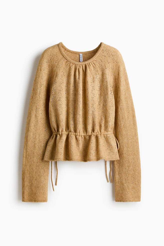 Pointelle-Knit Peplum Top - Beige - 1