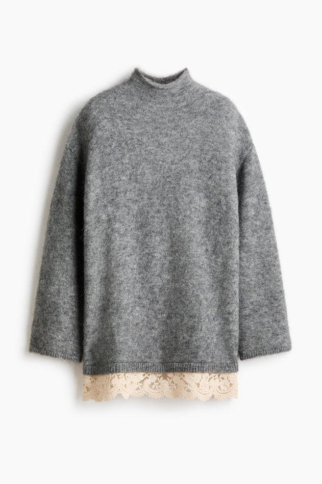 Lace-trimmed mohair-blend jumper - Grey marl/Dark brown - 1