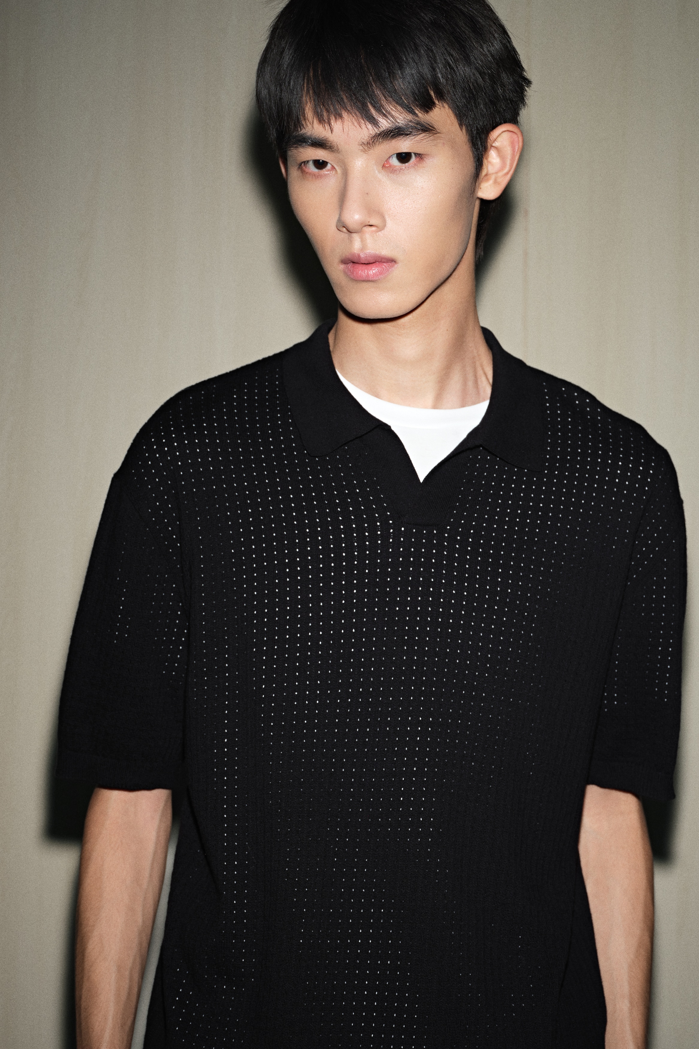 Loose Fit Textured-Knit Polo Shirt - Black