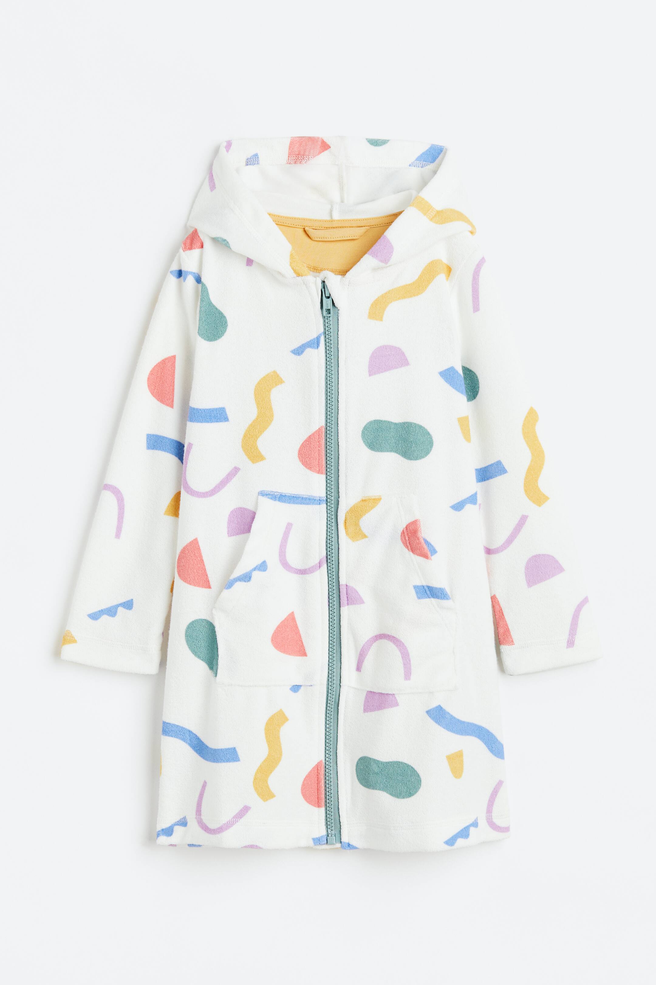 Patterned terry dressing gown Long sleeve Midi White/Patterned