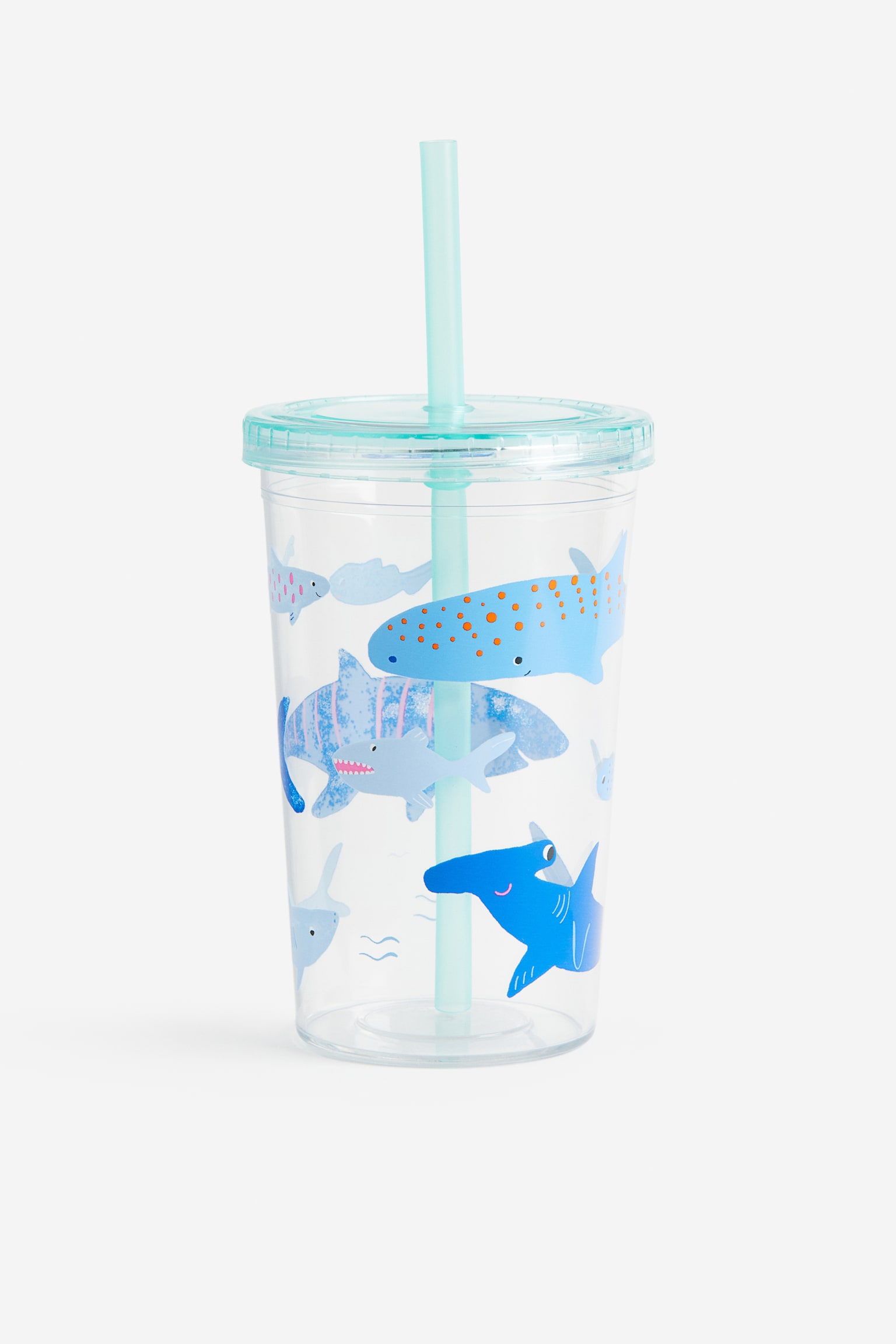 Patterned plastic mug with a straw - Bright blue/Sharks/Light green/Dinosaurs/Light turquoise/Vechicles/Pink/Ice Cream - 1