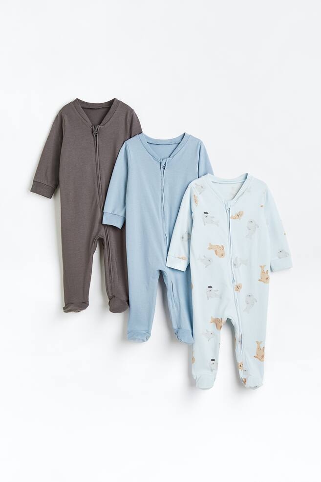 3-pack zip-up all-in-one pyjamas - Light blue/Seals/Light turquoise/Hippos/Powder pink/Leopards/Natural white/Houses