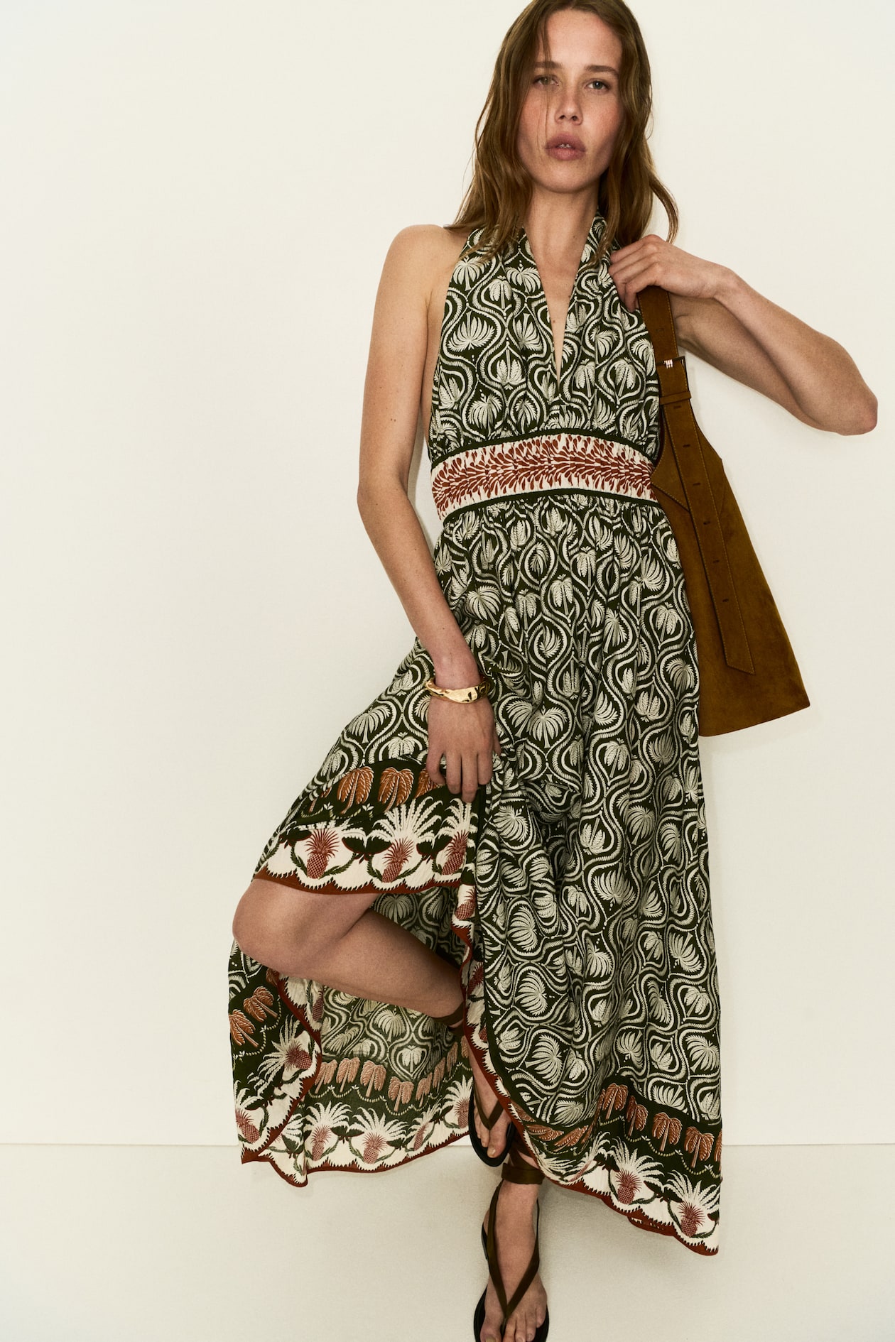 Women's Dark green/patterned Flared Halterneck Dress | H&M US