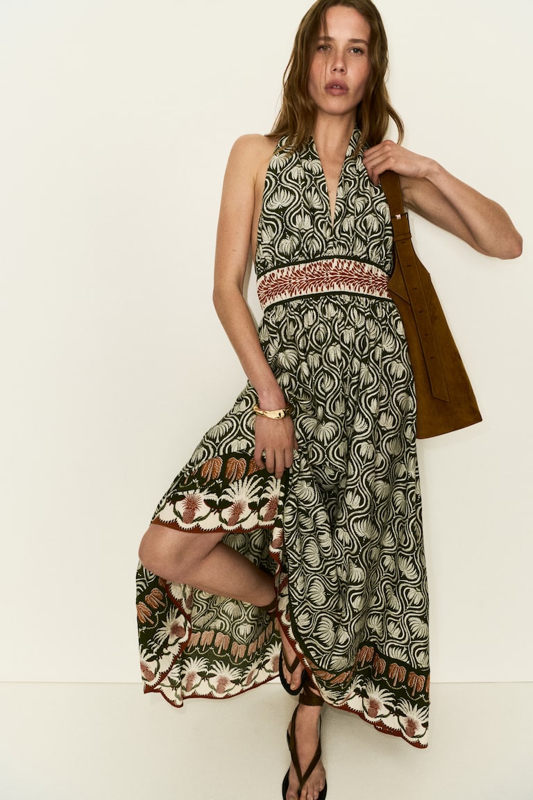 Women's Dark green/patterned Flared Halterneck Dress | H&M US Women's Dark green/patterned Flared Halterneck Dress | H&M US