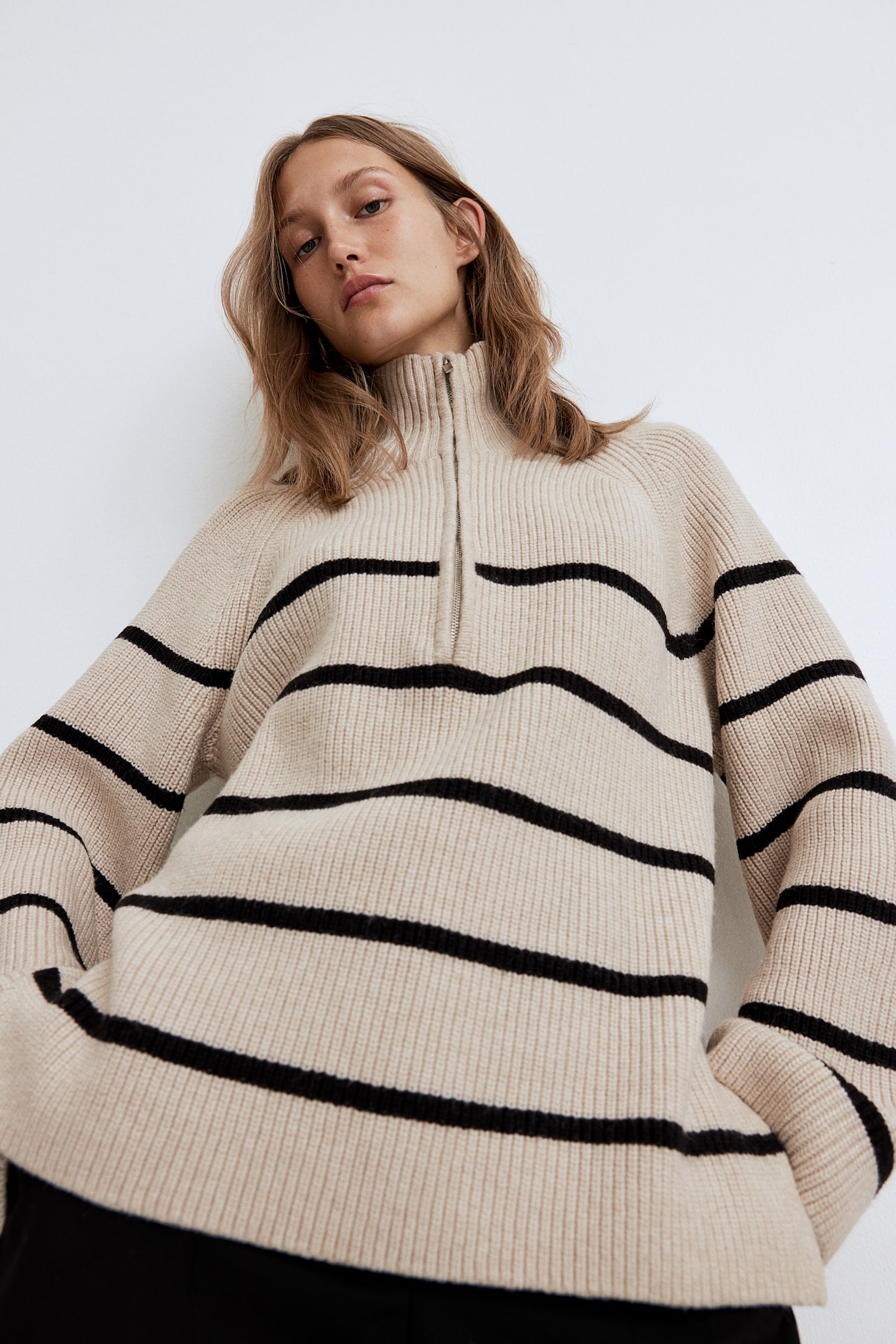 Zip-top rib-knit jumper - Light beige/Striped/Cream - 5