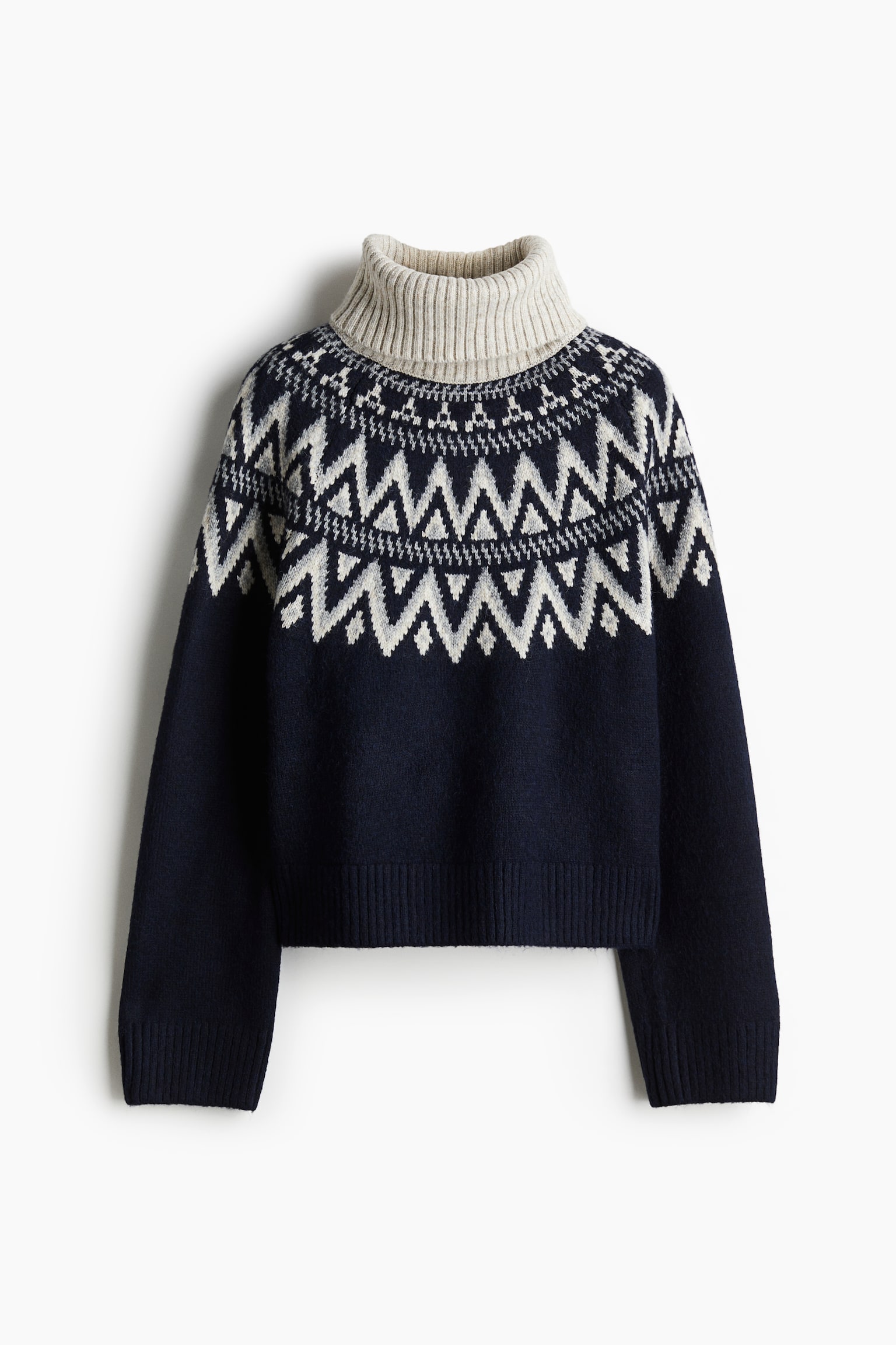 Jacquard-knit polo-neck jumper - Navy blue/Patterned/Light beige marl/Patterned - 2