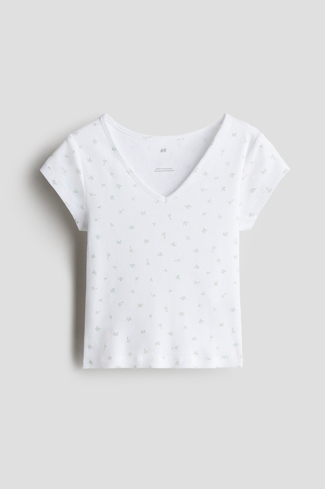 Ribbed cotton jersey top - White/Floral/White - 1