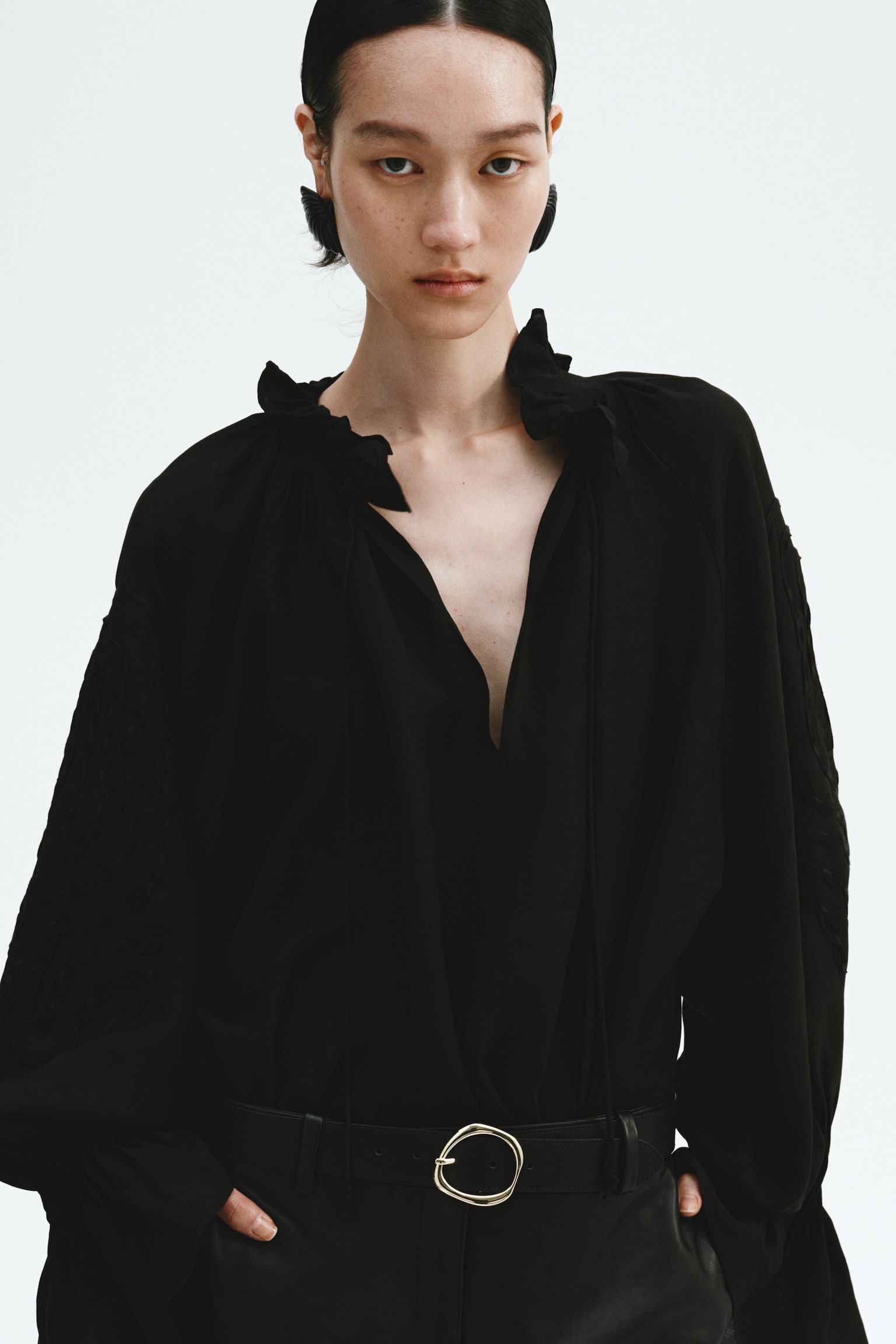 Embroidered linen-blend blouse - Black - 6