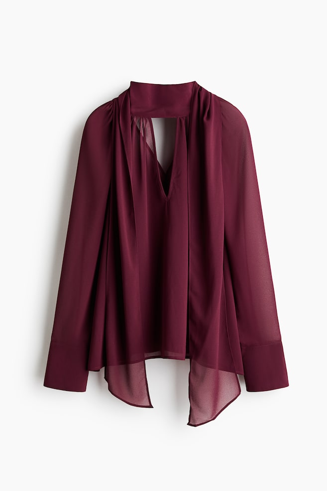 Scarf-collar blouse - Dark red/Black - 1