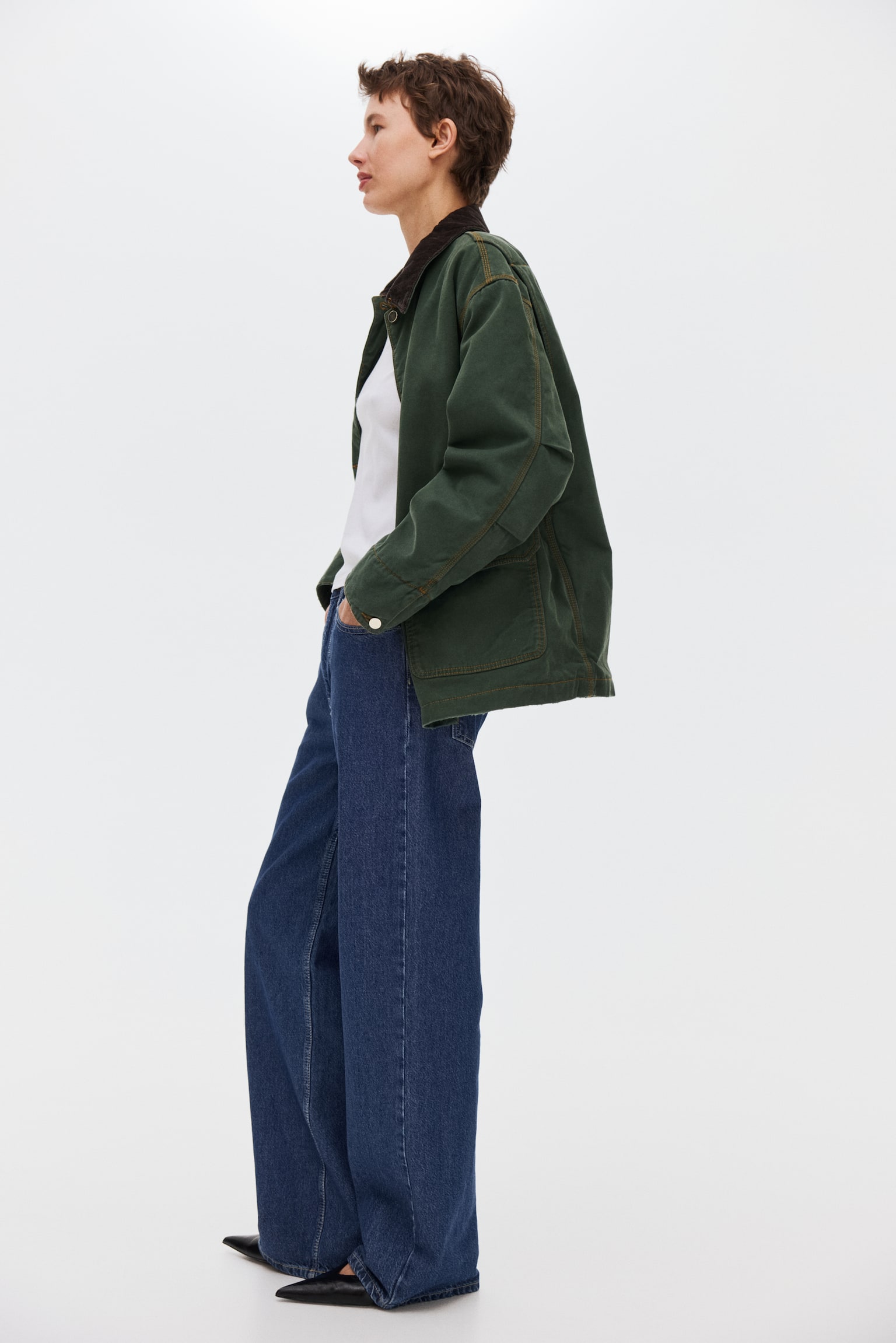 Oversized corduroy-collar jacket - Dark green - 7
