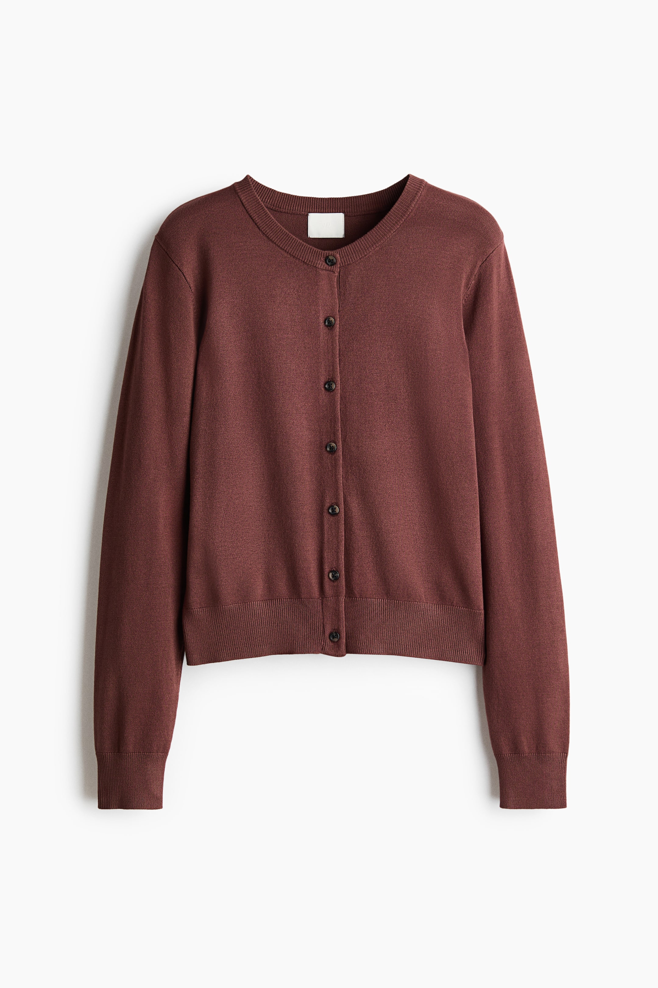 View larger image: A fine-knit cardigan in a dark red-brown colour is presenting its front, featuring a round neckline, a full button-front closure with dark brown buttons, and ribbed detailing on the neckline, cuffs, and hem.