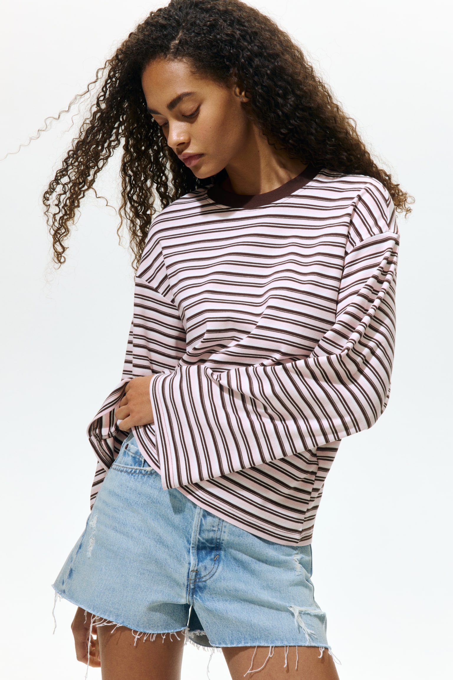 Long-Sleeved Cotton Top - Light pink/striped - 1