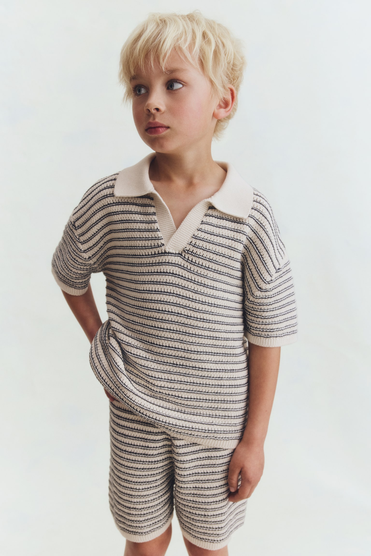 코튼 니트 2피스 세트-라이트 베이지/블루 스트라이프 - 4