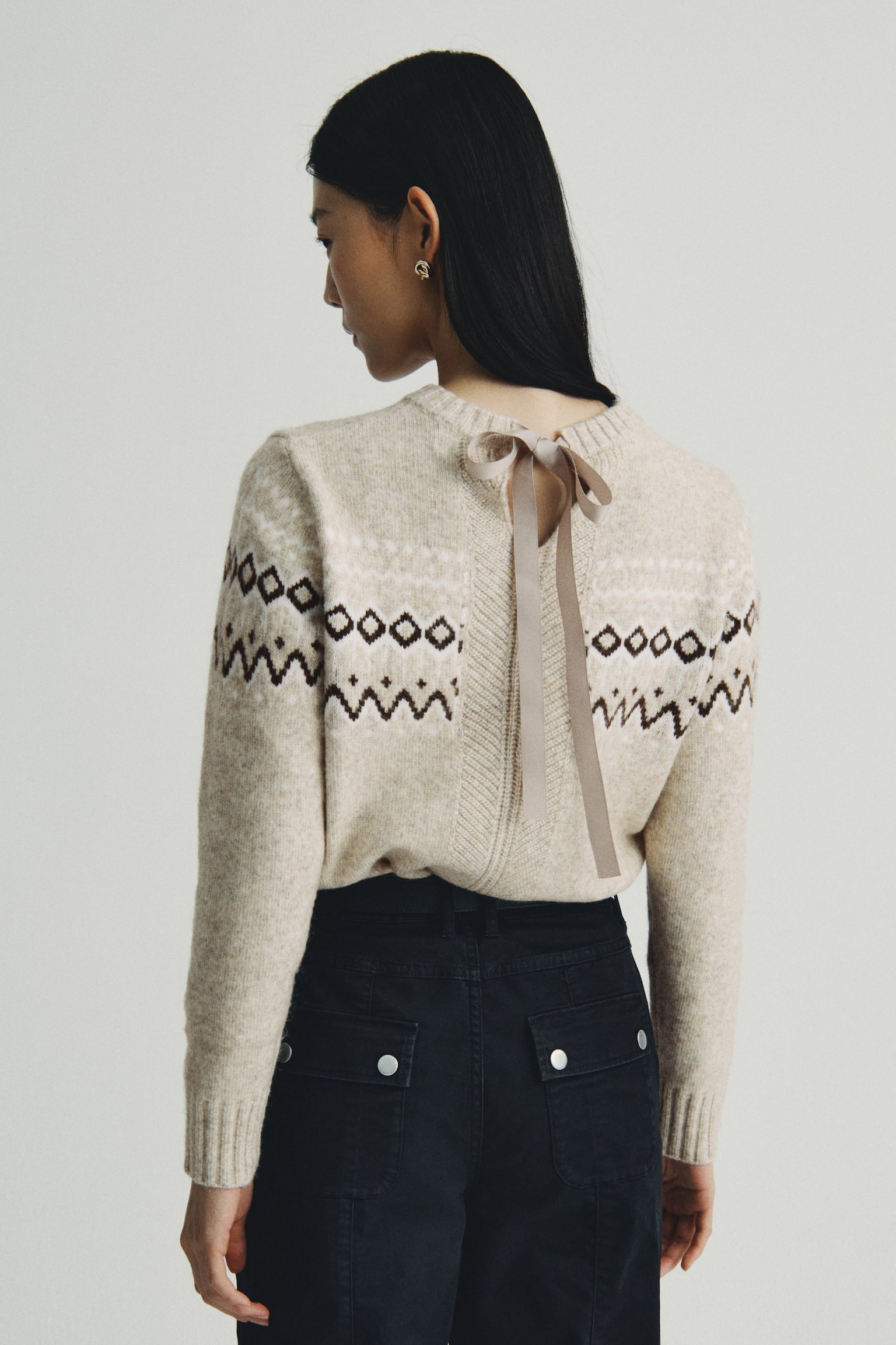 ジャカードニットセーター - ベージュメランジ／パターン - 7