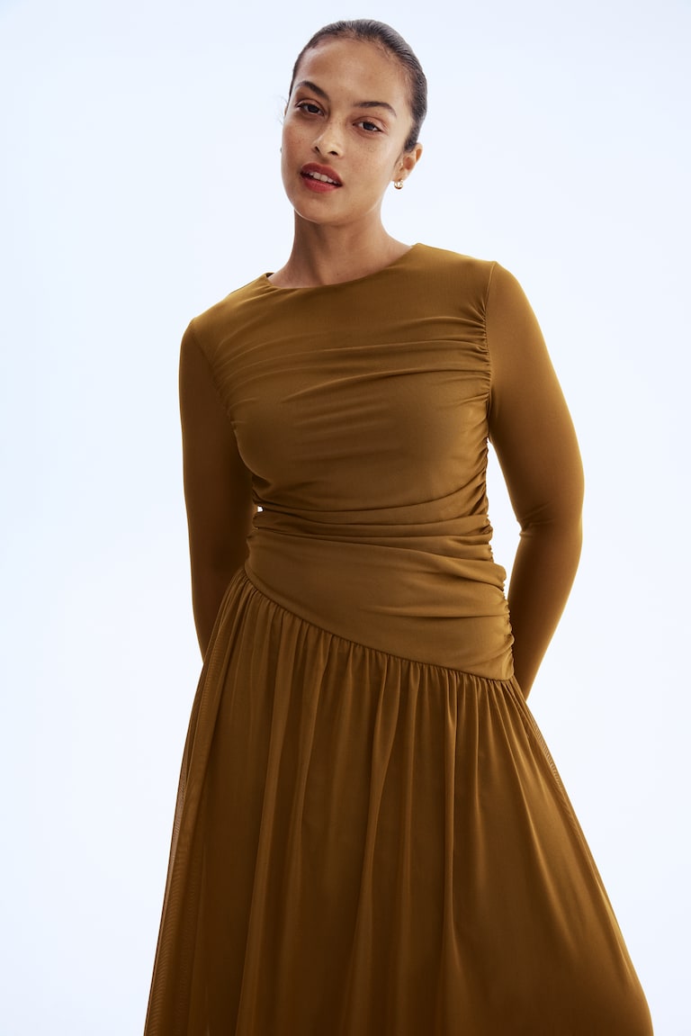 Women's Dark brown/polka dot Draped Mesh Dress | H&M US