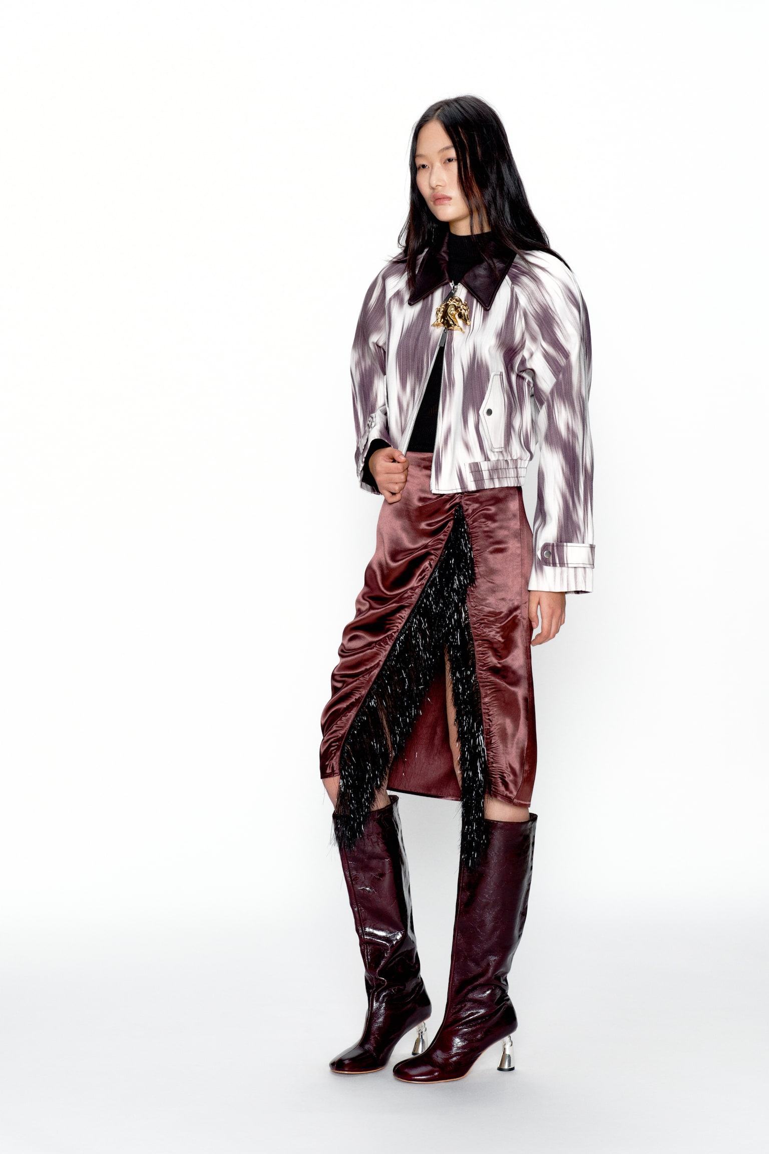 Fringe-trimmed satin skirt - Burgundy/Cream - 4