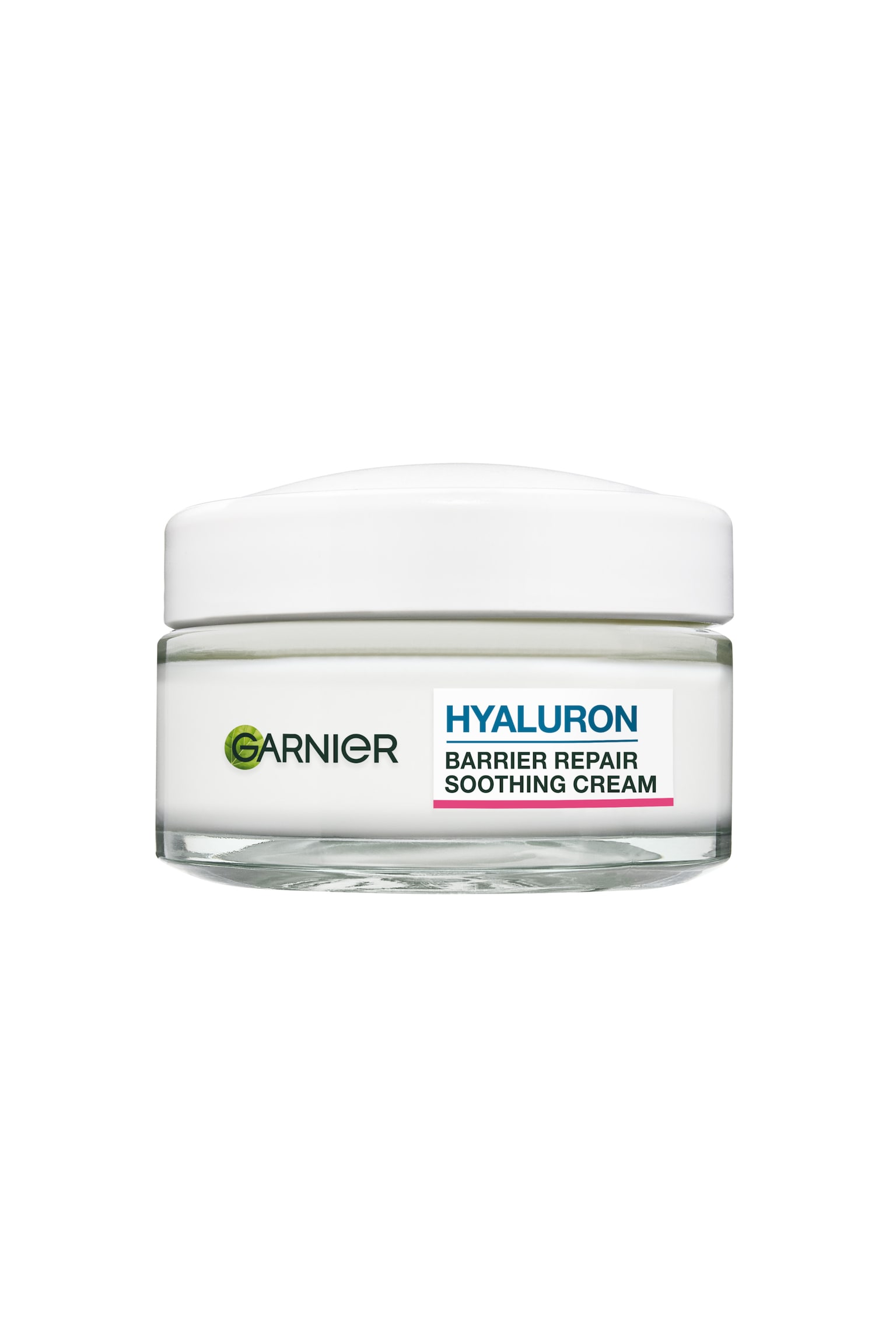 Garnier Hyaluron Barrier Repair Soothing Cream stÃ¥r i en frontvendt visning, og viser en klar glasskrukke fylt med hvit krem og forseglet med et hvitt kuppelformet lokk. Forsiden av krukken viser en hvit etikett med den grÃ¸nne Garnier-logoen pÃ¥ venstre side og teksten Â«HYALURON BARRIER REPAIR SOOTHING CREAMÂ» pÃ¥ hÃ¸yre side, understreket av en rosa stripe.