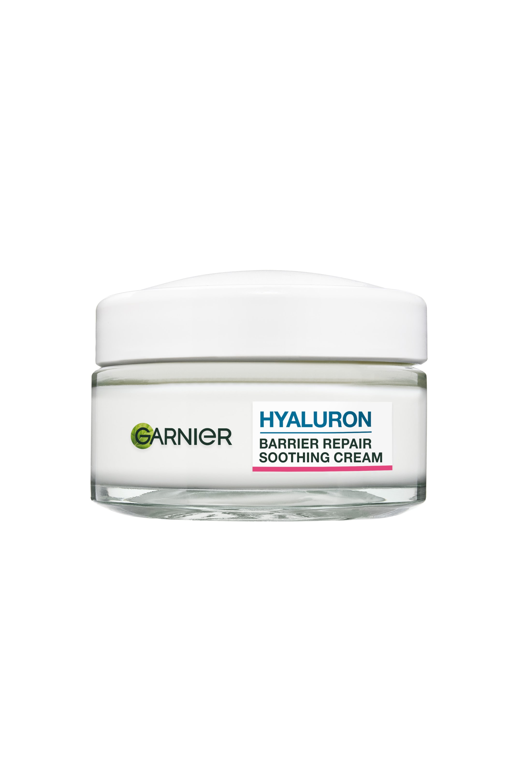 Visa större bild: Garnier Hyaluron Barrier Repair Soothing Cream visas i en frontvänd vy, där en tydlig glasburk fylld med vit kräm och förseglad med ett vitt kupolformat lock framhävs. Burkens framsida visar en vit etikett med den gröna Garnier-logotypen till vänster och texten ”HYALURON BARRIER REPAIR SOOTHING CREAM” till höger, understruken av en rosa rand.