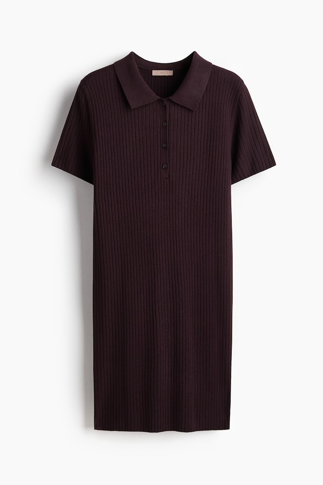 Abito in maglia a coste con colletto - Bordeaux/Crema/Nero - 1