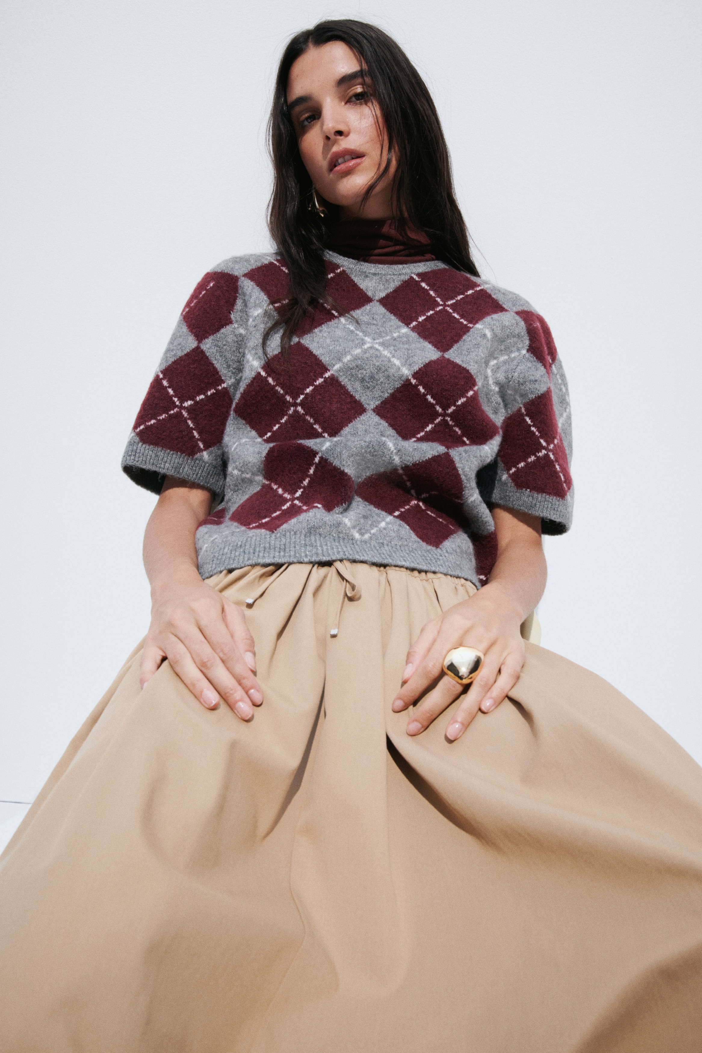 Short Sleeve Jacquard Knit Sweater-Grey marle/Argyle pattern