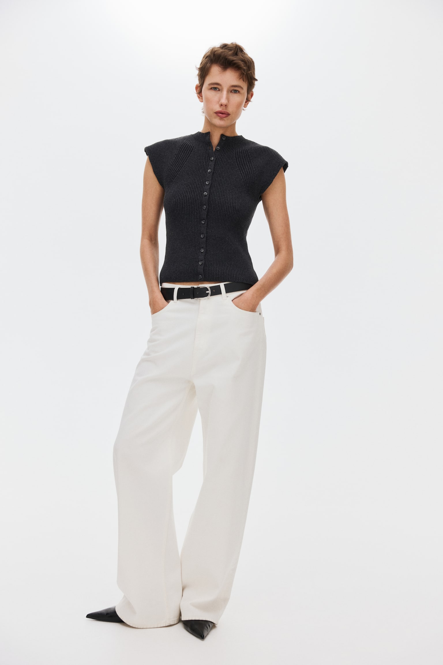 Женский кардиган H&M Short-Sleeved Rib-Knit, цвет: Тёмный серый меланжевый — фото 3